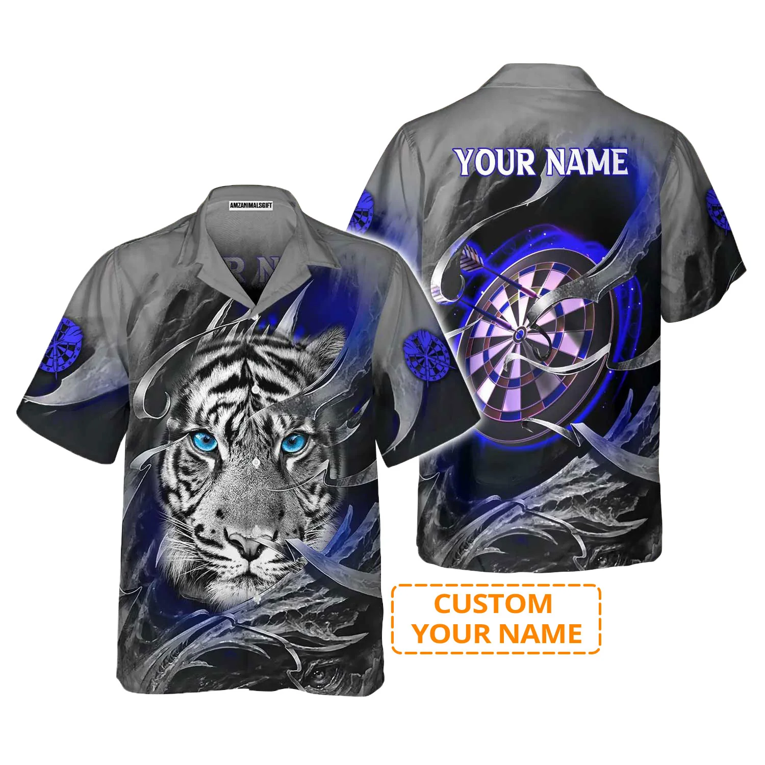 Darts Custom Name Aloha Hawaiian Shirts For Summer, Blue Bullseye Dartboard Personalized Name Tiger And Darts Hawaiian Shirt For Men Women, Dart Team - Image 2