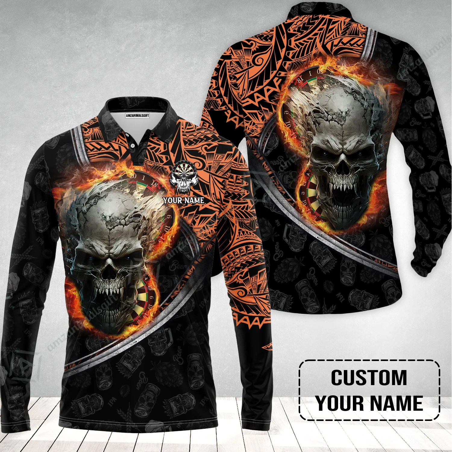 Darts Custom Name Long Polo Shirt, Skull Maori Tattoo And Darts Custom Name Polo Shirt, Flame Bullseye Dartboard Personalized Long Polo Shirt - Image 2