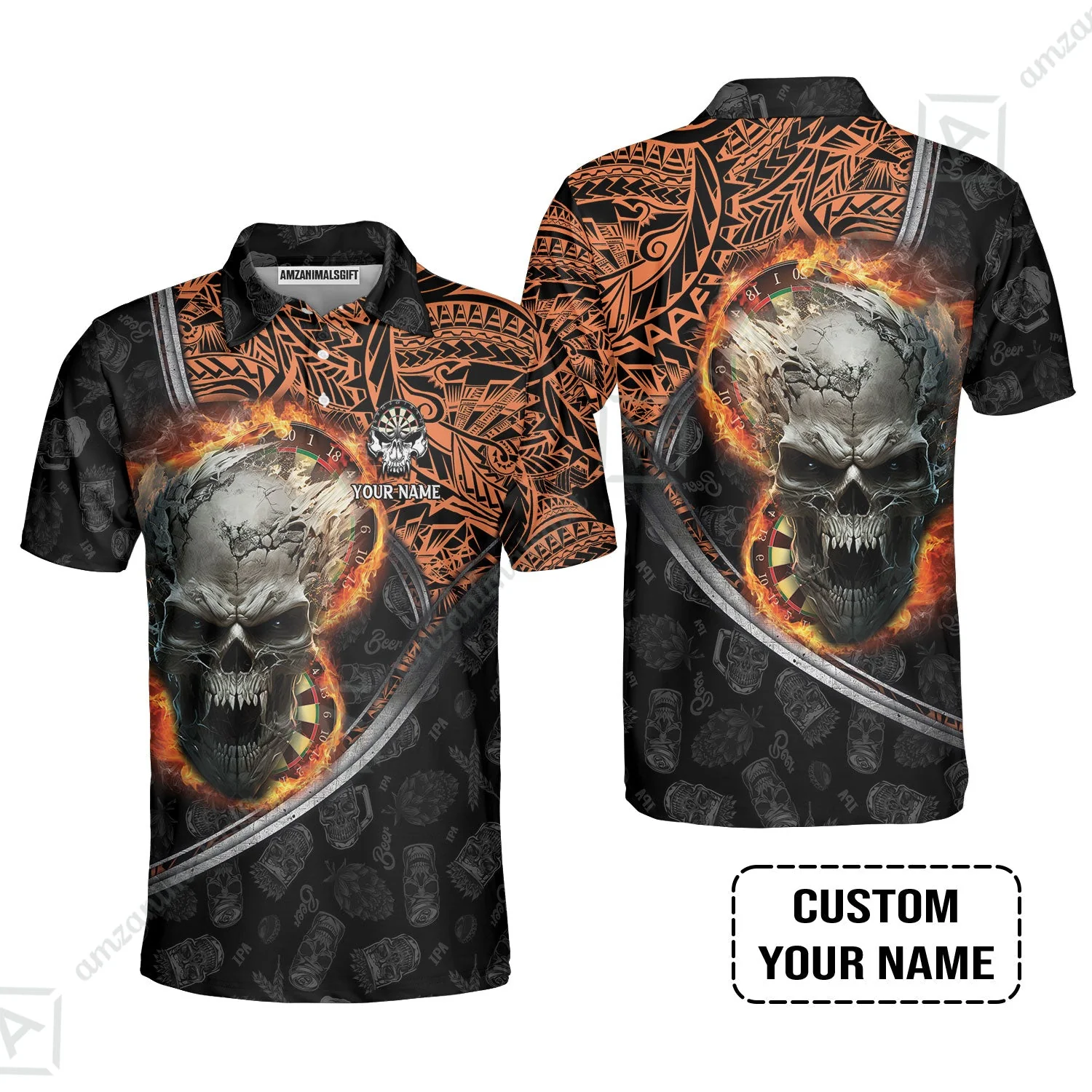 Darts Custom Name Long Polo Shirt, Skull Maori Tattoo And Darts Custom Name Polo Shirt, Flame Bullseye Dartboard Personalized Long Polo Shirt - Image 3