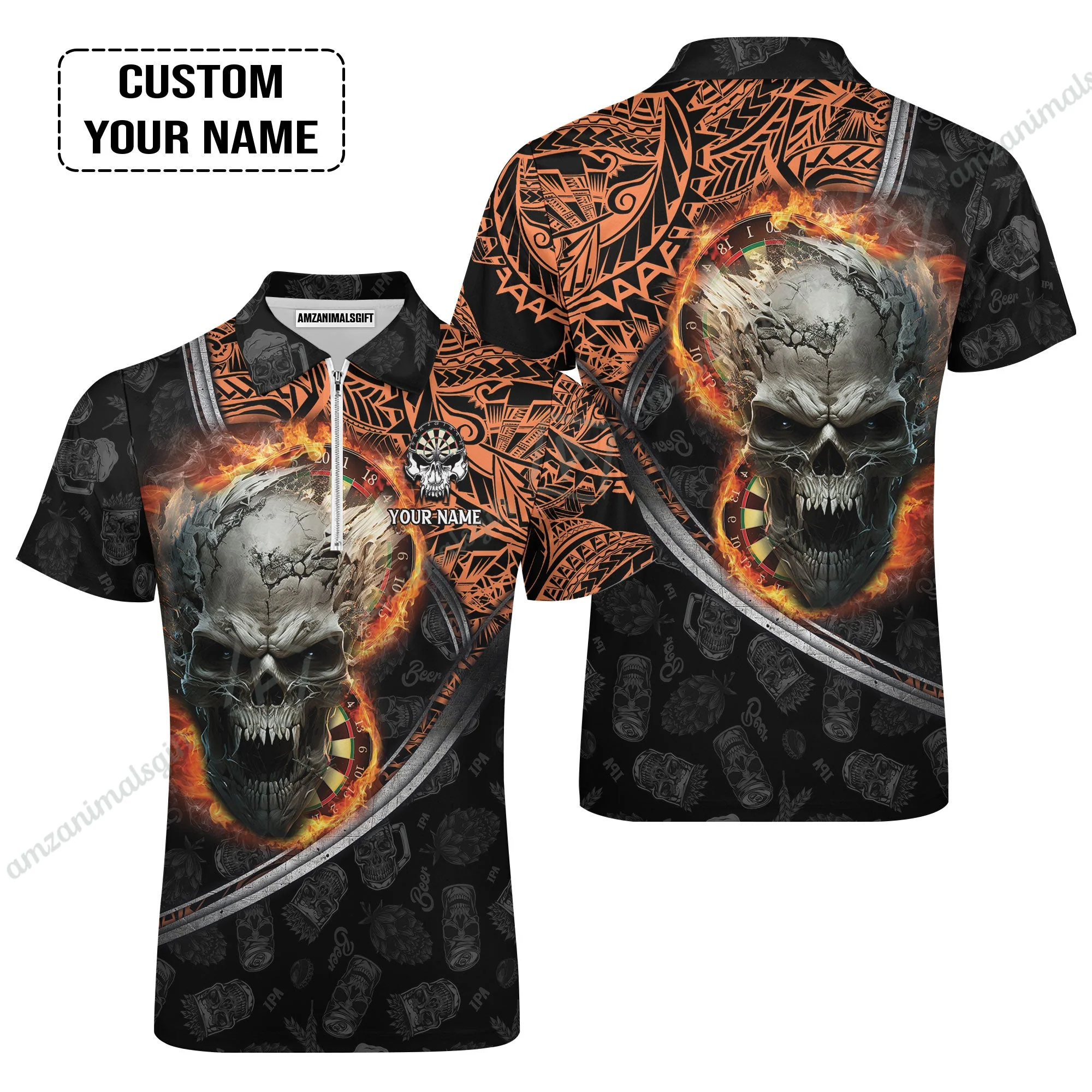 Darts Custom Name Long Polo Shirt, Skull Maori Tattoo And Darts Custom Name Polo Shirt, Flame Bullseye Dartboard Personalized Long Polo Shirt - Image 4