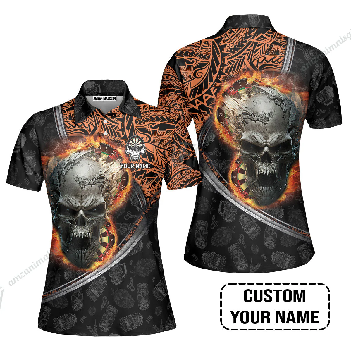 Darts Custom Name Long Polo Shirt, Skull Maori Tattoo And Darts Custom Name Polo Shirt, Flame Bullseye Dartboard Personalized Long Polo Shirt - Image 7