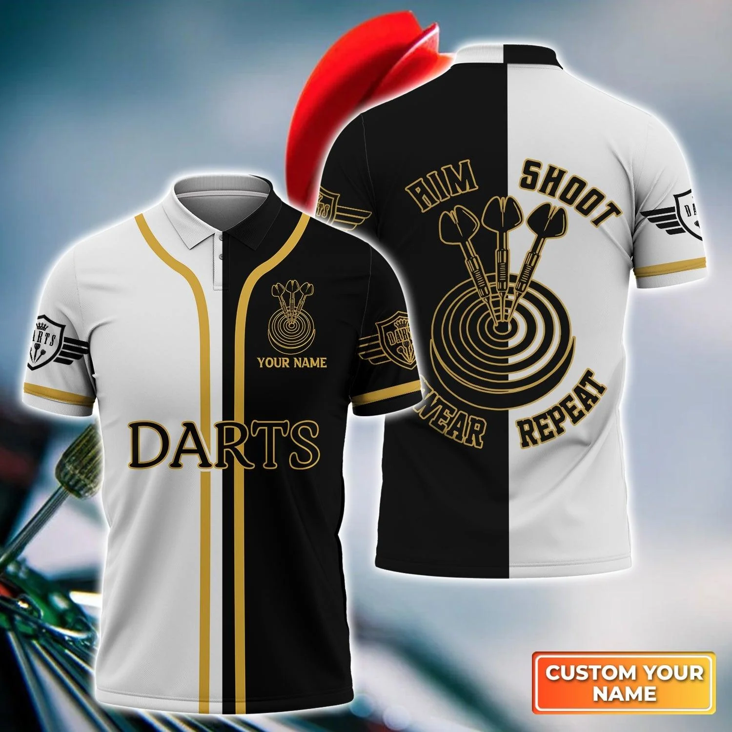 Darts Custom Name Men Polo Shirt, Aim Shoot Swear Repeat Personalized Men Polo Shirt Gift For Darts Lovers, Friend, Darts Team Player
