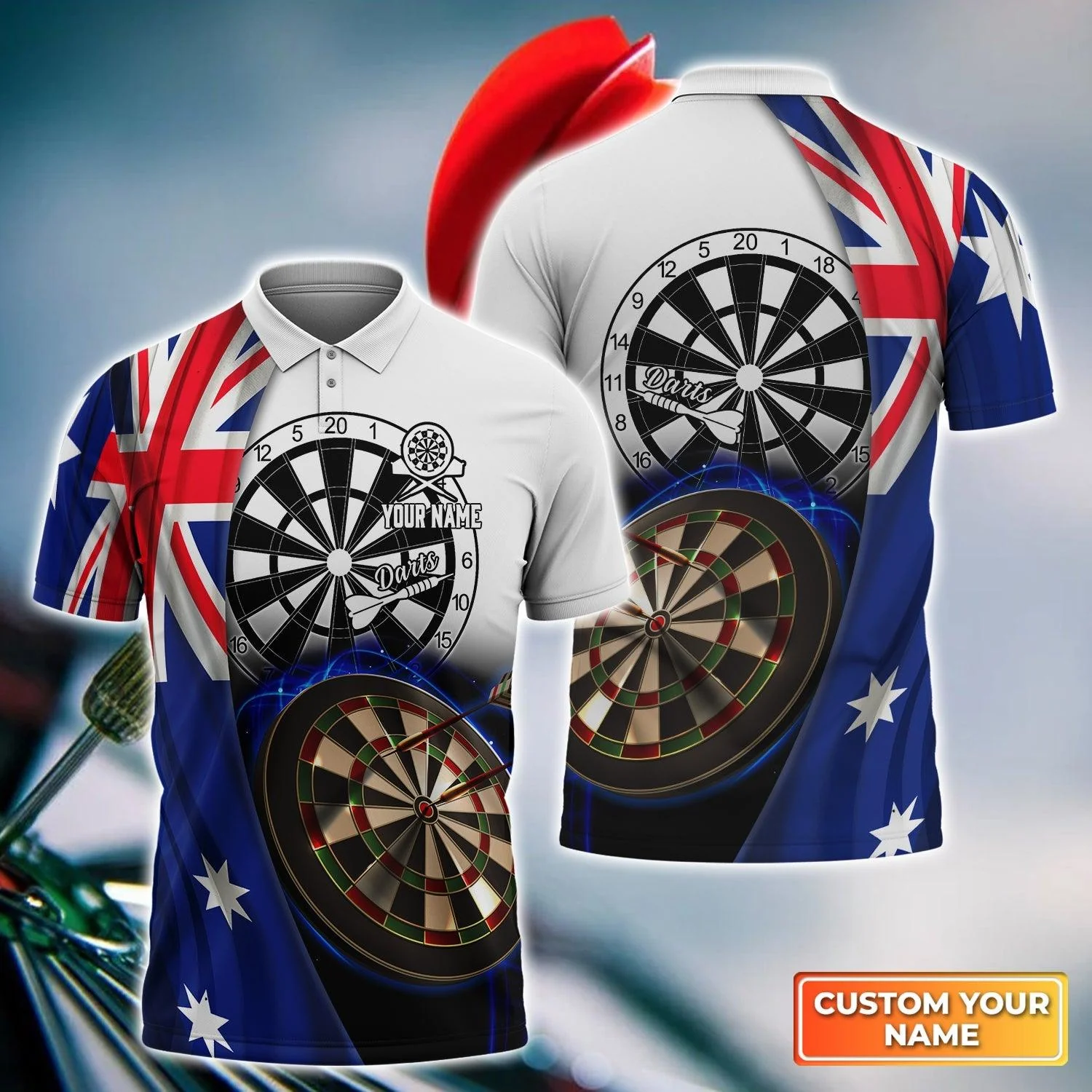 Darts Custom Name Men Polo Shirt, Australia Flag Dartboard Personalized Men Polo Shirt Gift For Darts Lovers, Friend, Darts Team Player