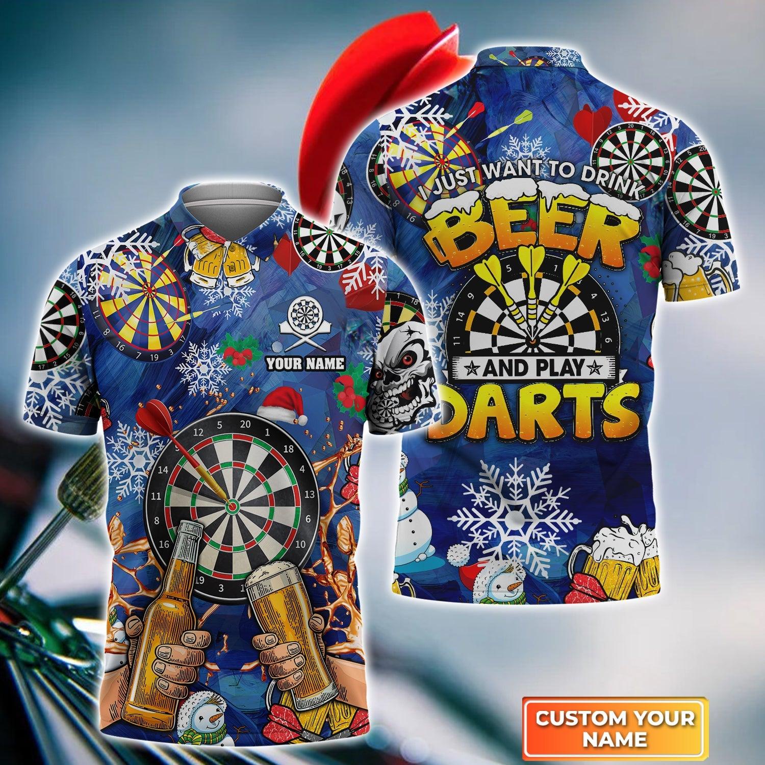 Darts Custom Name Men Polo Shirt, Beer Christmas Personalized Men Polo Shirt Gift For Darts Lovers, I Just Want To Drink Beer And Play Darts