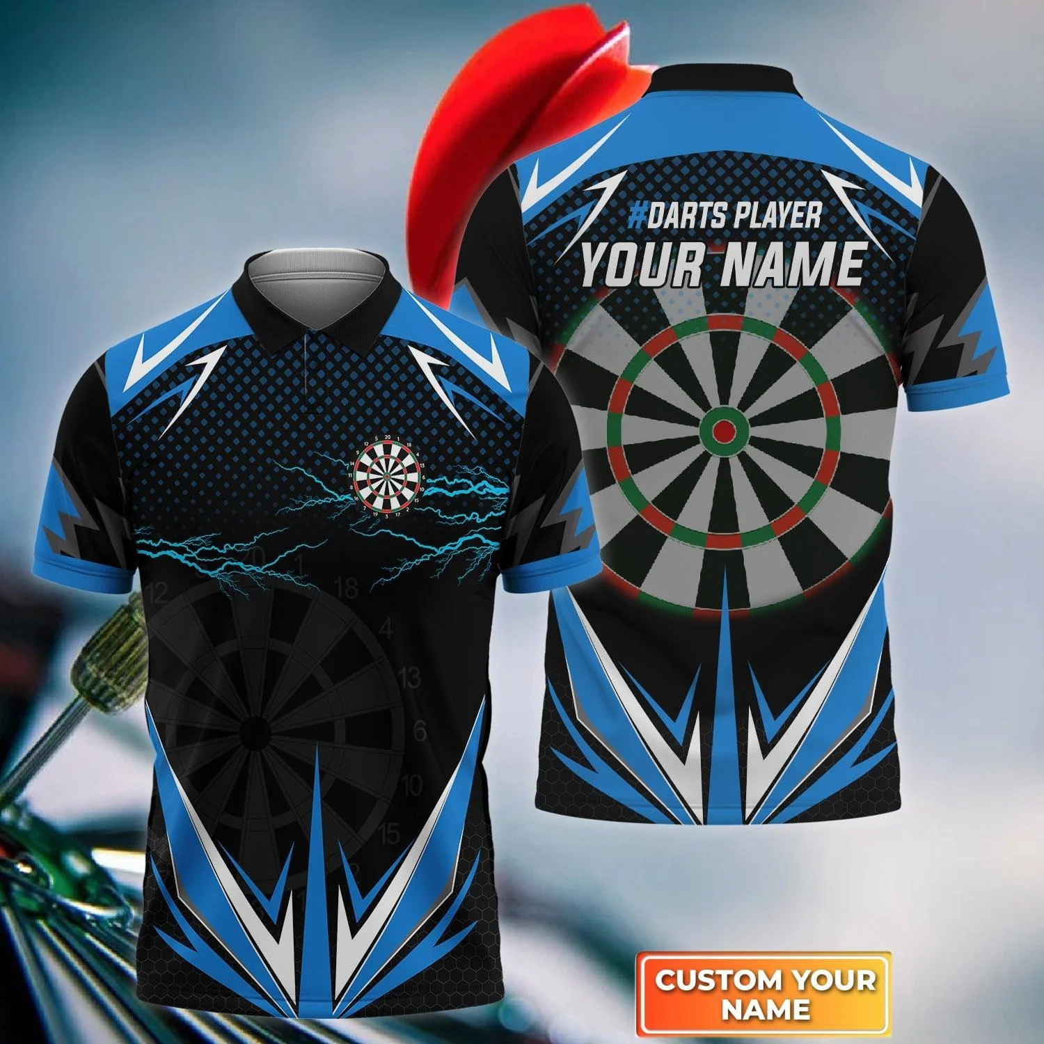 Darts Custom Name Men Polo Shirt, Blue Darts Lightning Dartboard Personalized Men Polo Shirt Gift For Darts Lovers, Friend, Darts Team Player