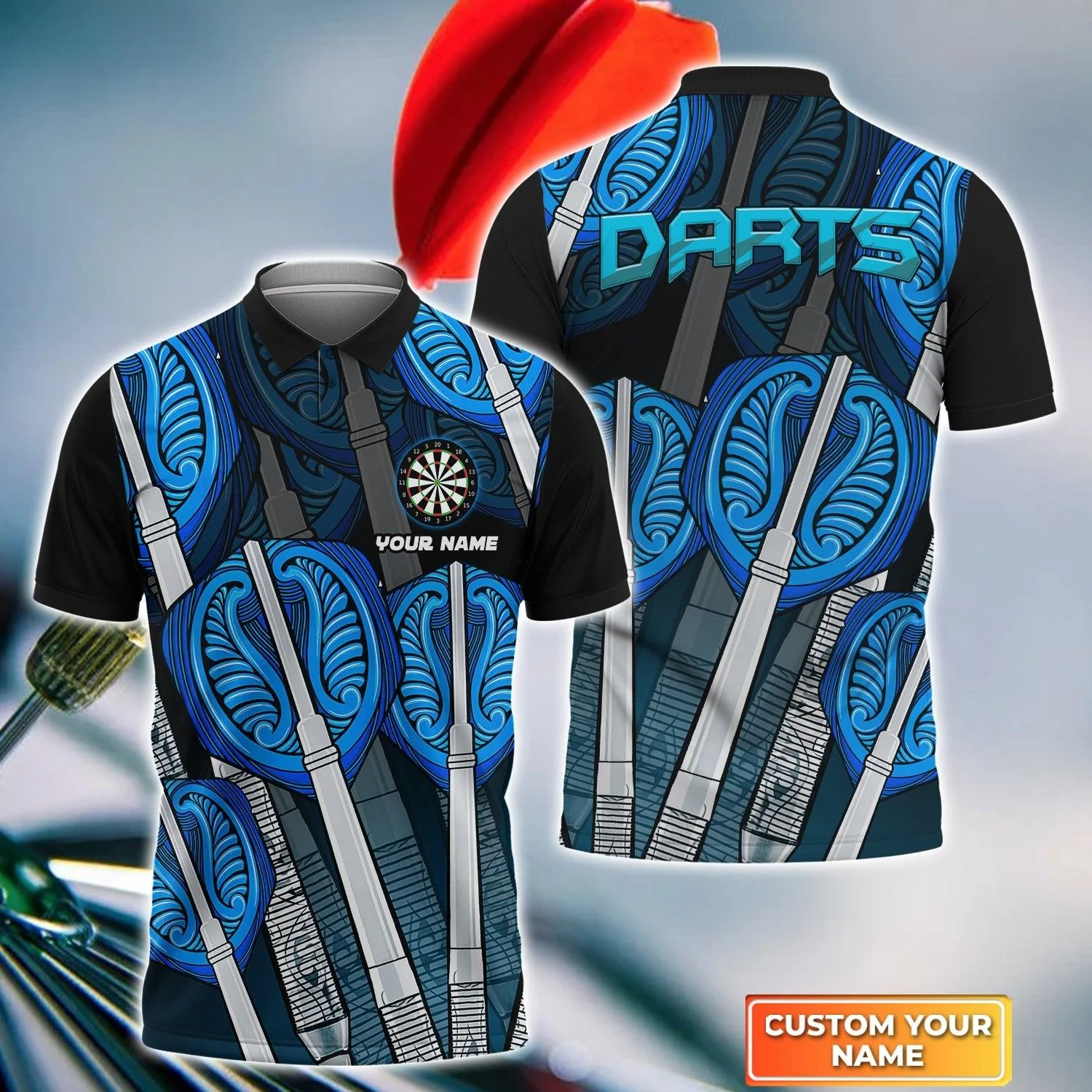 Darts Custom Name Men Polo Shirt, Blue Darts Personalized Men Polo Shirt Gift For Darts Lovers, Friend, Team, Darts Player