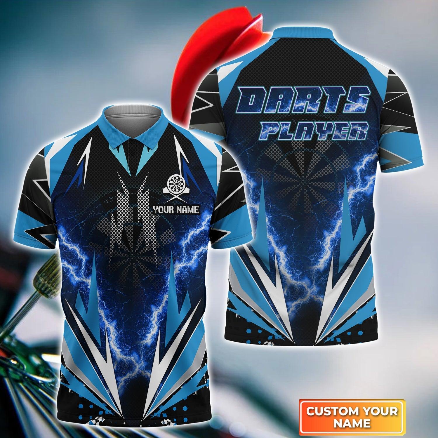 Darts Custom Name Men Polo Shirt, Blue Darts Thunder And Lightning Personalized Men Polo Shirt Gift For Darts Lovers, Friend, Team Player