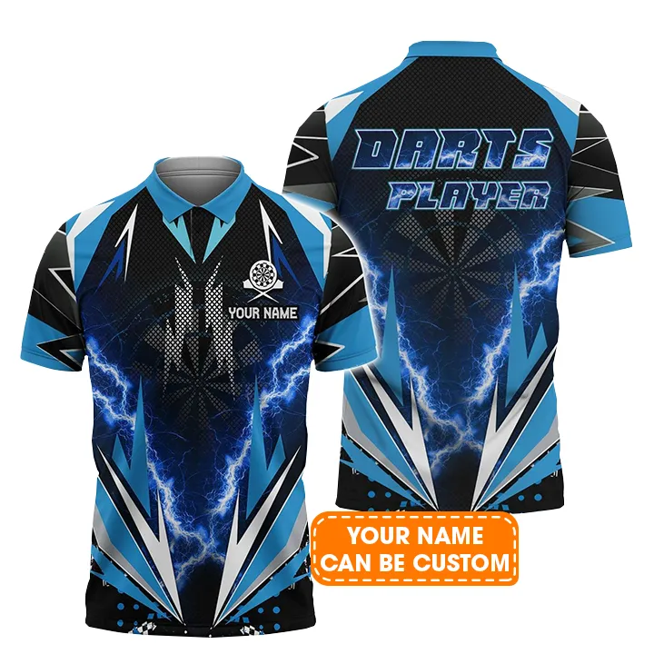 Darts Custom Name Men Polo Shirt, Blue Darts Thunder And Lightning Personalized Men Polo Shirt Gift For Darts Lovers, Friend, Team Player - Image 2