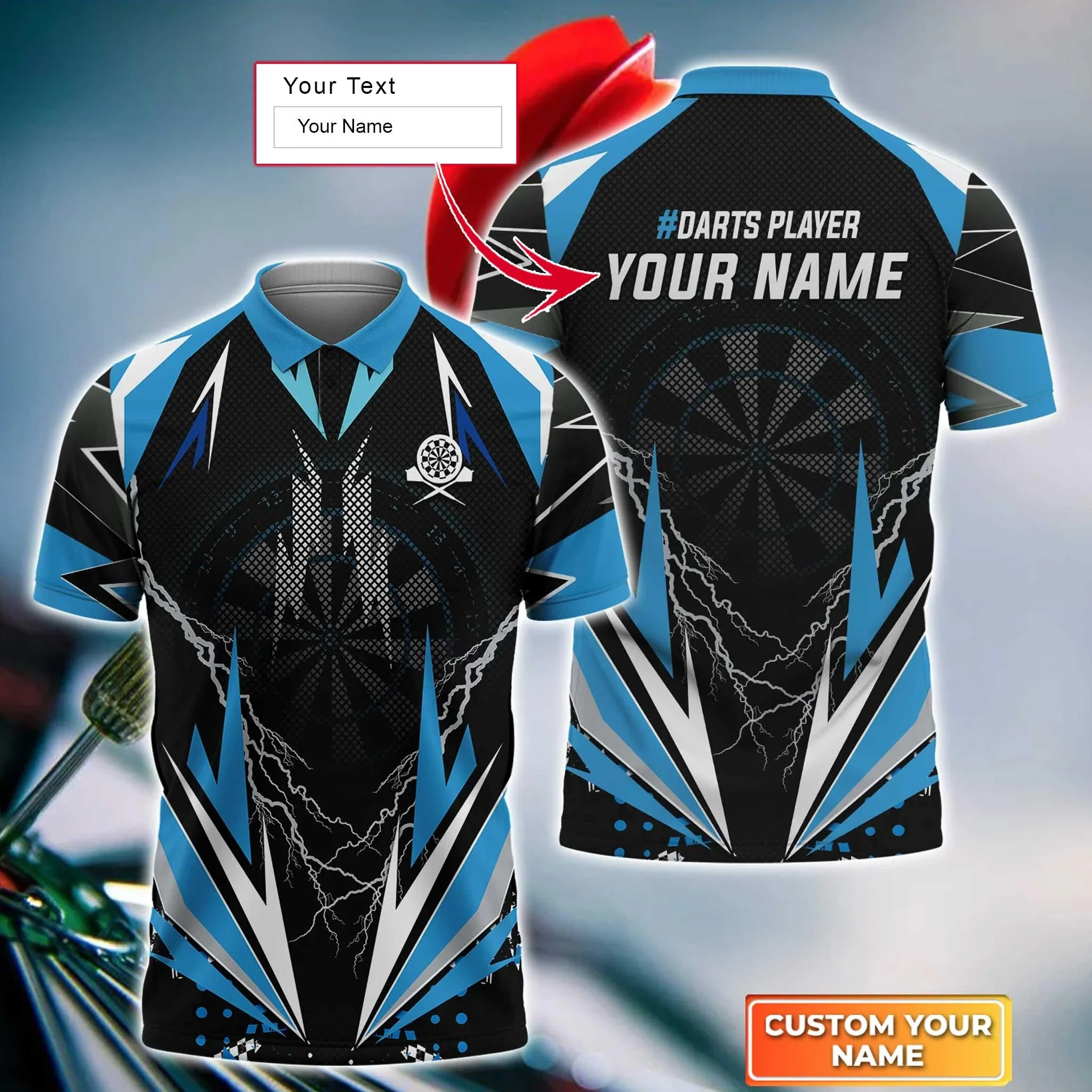 Darts Custom Name Men Polo Shirt, Blue Thunder And Lightning Dartboard Personalized Men Polo Shirt Gift For Darts Lovers, Friend, Team Player - Image 2
