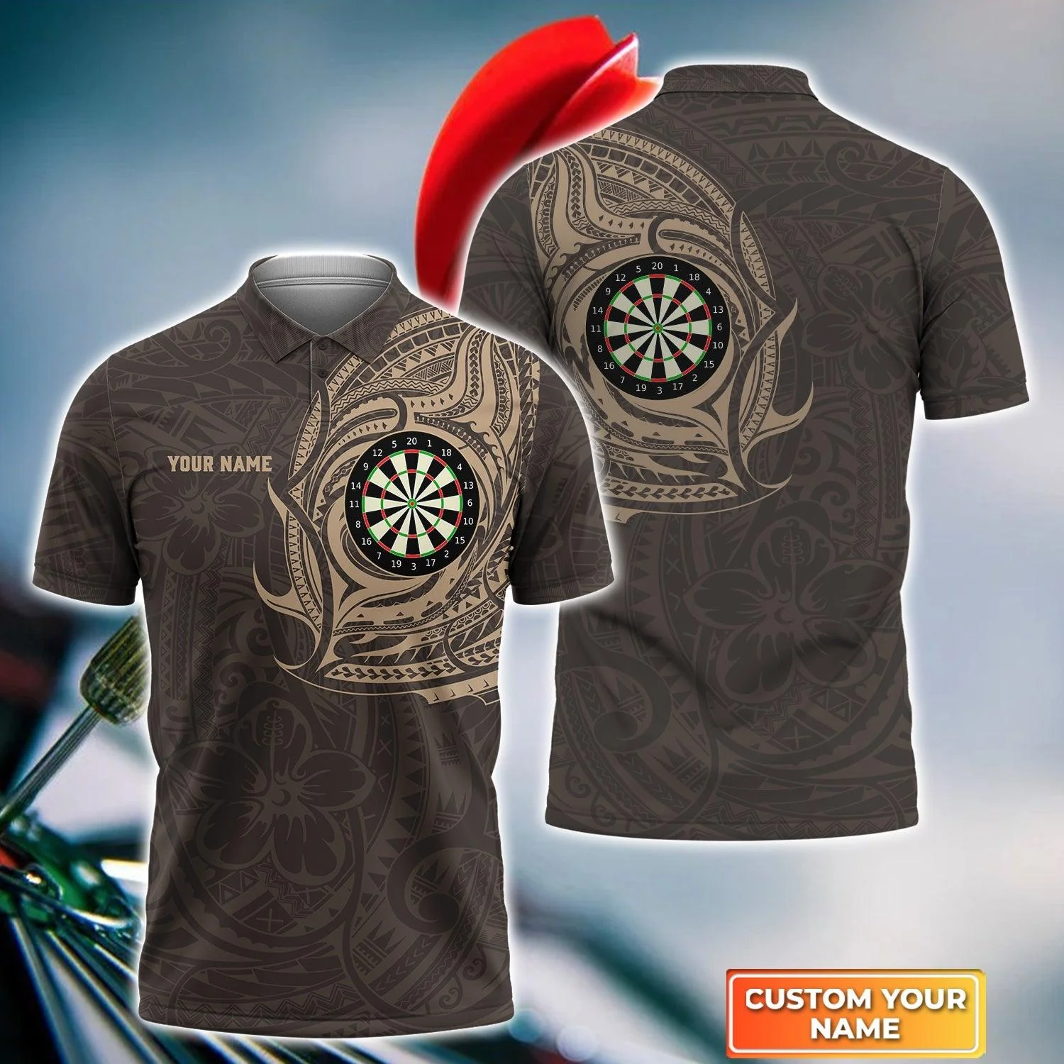 Darts Custom Name Men Polo Shirt, Brown Polynesian Dartboard Personalized Men Polo Shirt Gift For Darts Lovers, Friend, Darts Team Player