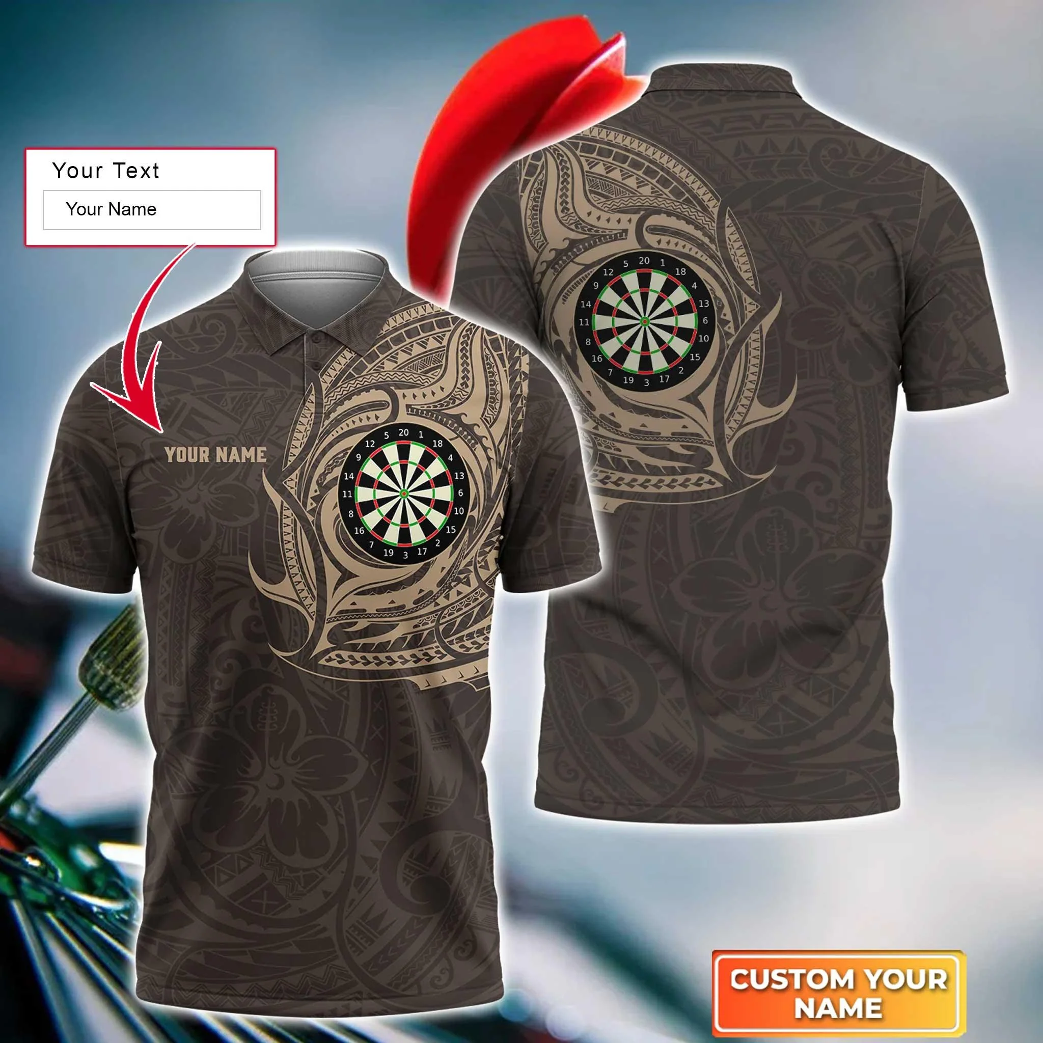 Darts Custom Name Men Polo Shirt, Brown Polynesian Dartboard Personalized Men Polo Shirt Gift For Darts Lovers, Friend, Darts Team Player - Image 3