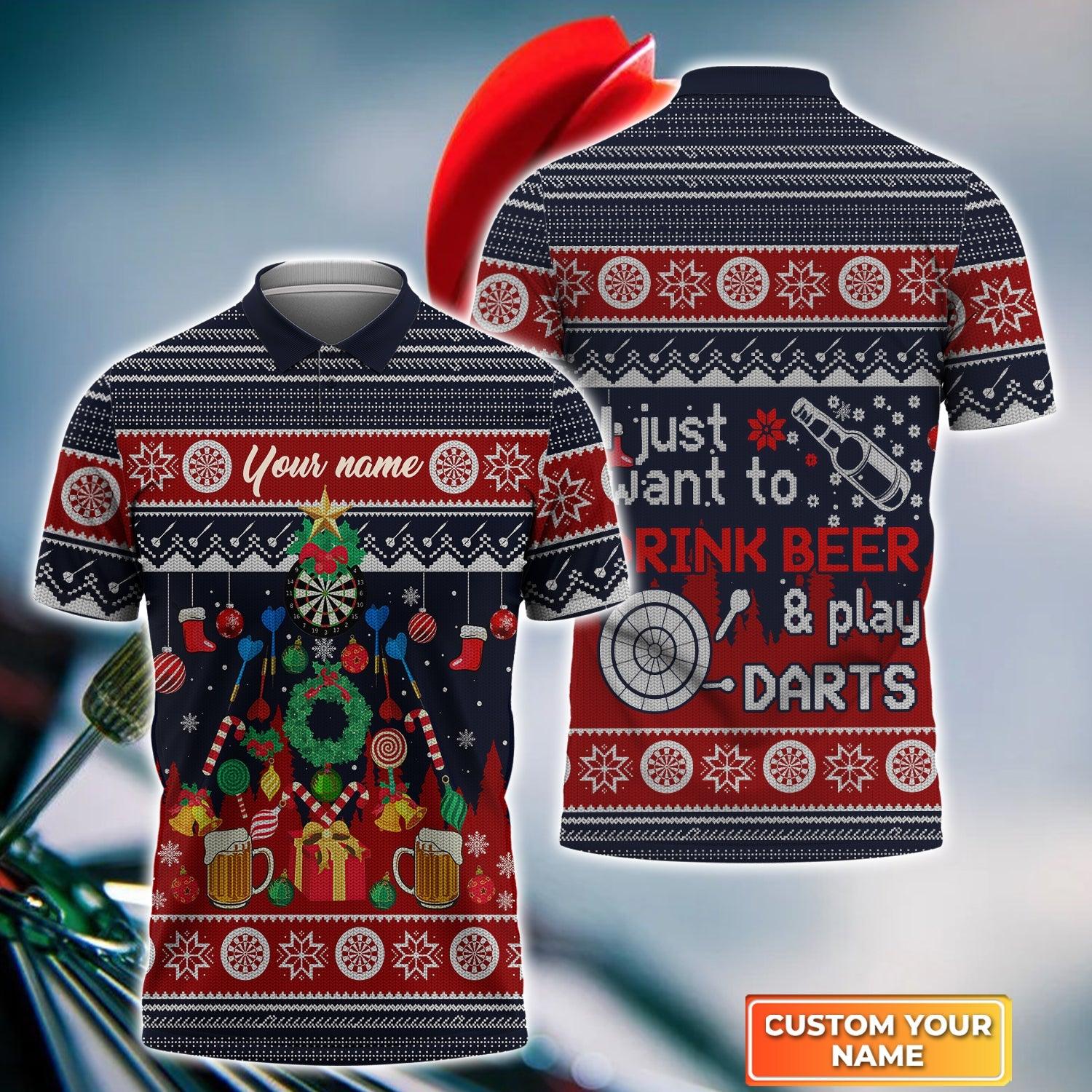 Darts Custom Name Men Polo Shirt, Christmas Gift Personalized Men Polo Shirt Gift For Darts Lovers, I Just Want To Drink Beer And Play Darts