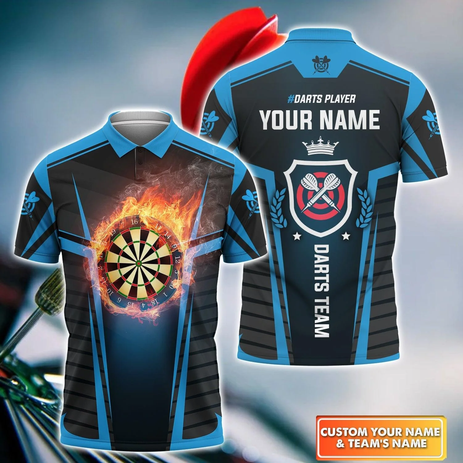 Darts Custom Name Men Polo Shirt, Dartboard In Flames Personalized Men Polo Shirt Gift For Darts Lovers, Friend, Darts Team Player - Image 2