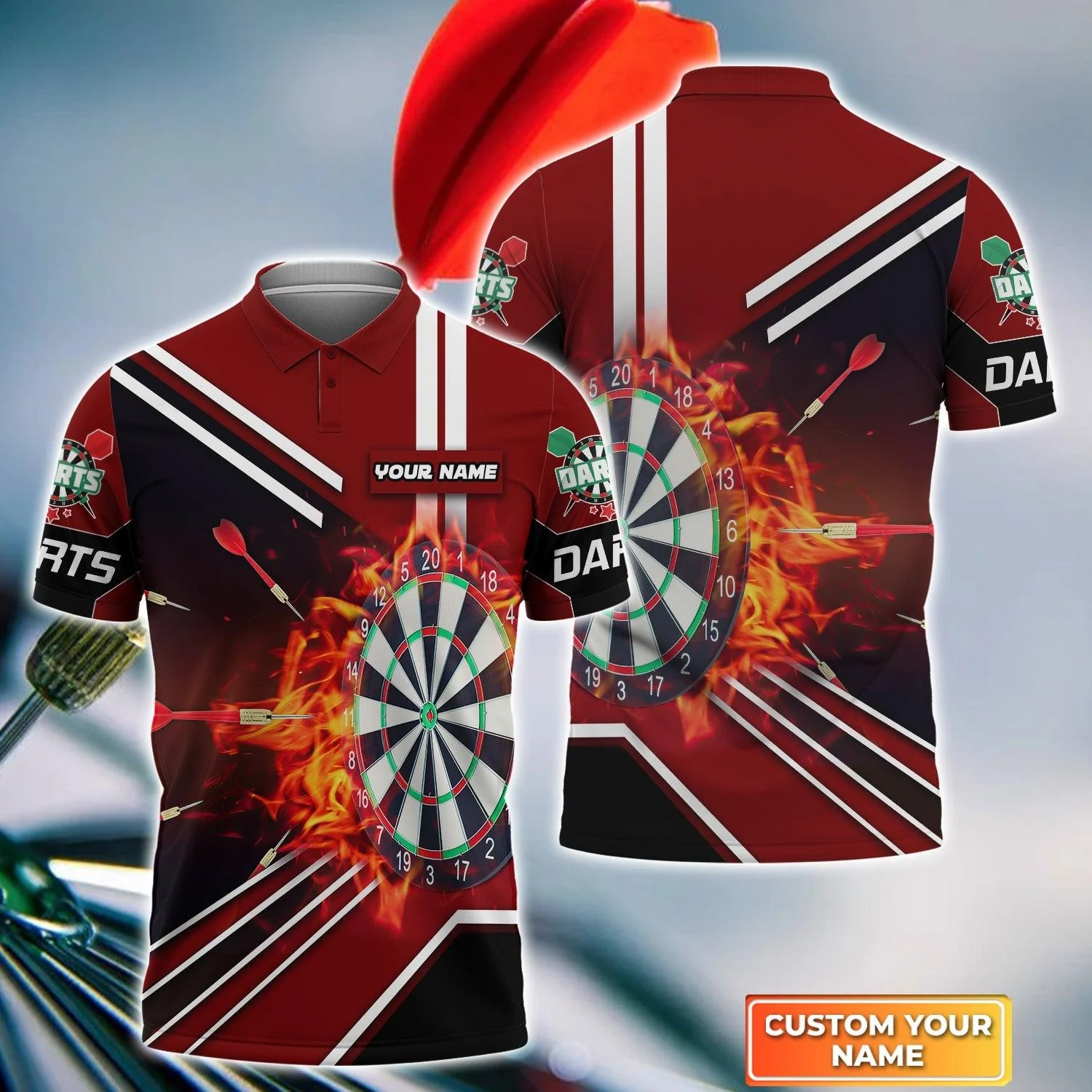 Darts Custom Name Men Polo Shirt, Flame Board Goal Personalized Men Polo Shirt Gift For Darts Lovers, Friend, Team, Darts Player