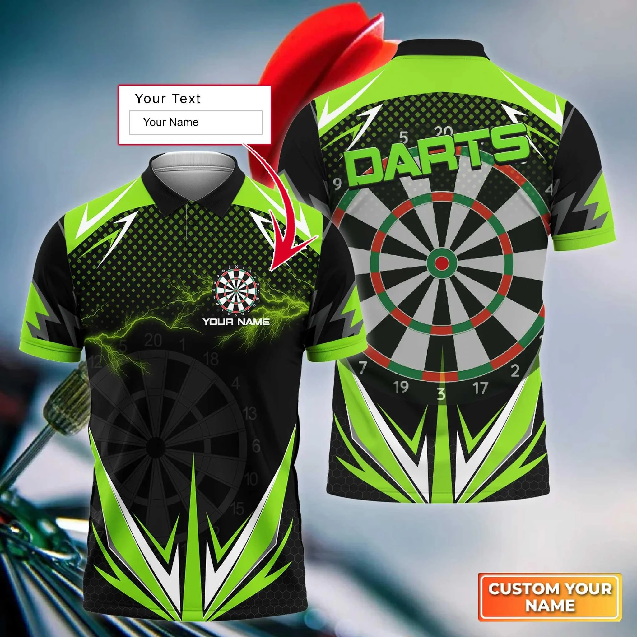 Darts Custom Name Men Polo Shirt, Green Darts Lightning Personalized Men Polo Shirt Gift For Darts Lovers, Friend, Darts Team Player - Image 2