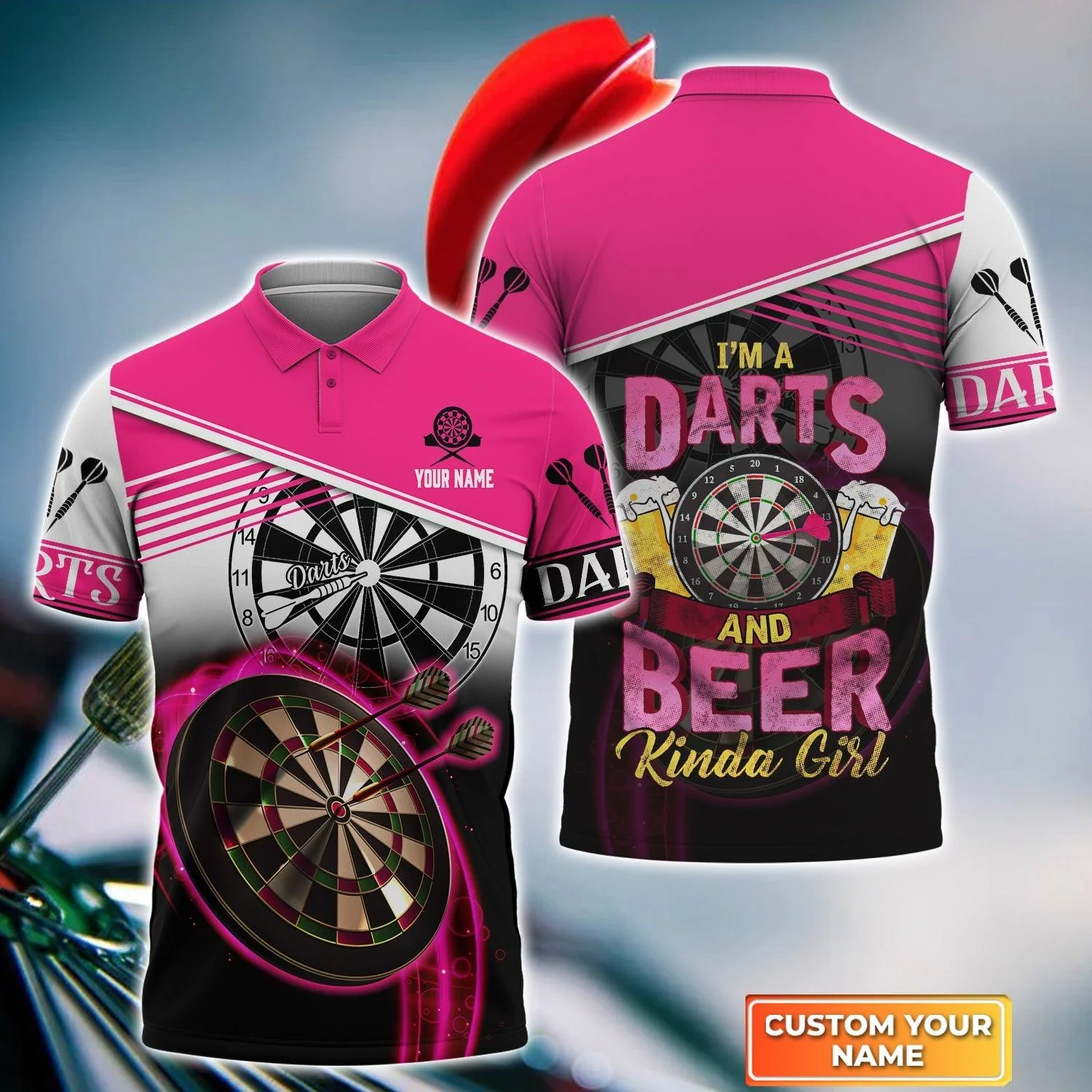 Darts Custom Name Men Polo Shirt, I'm A Darts And Beer Kinda Girl Personalized Pink Men Polo Shirt Gift For Darts Lovers, Friend, Team Player - Image 3