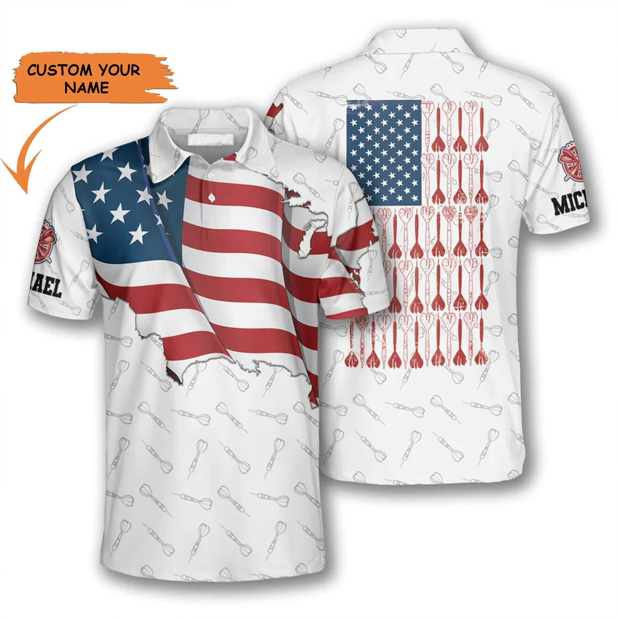 Darts Custom Name Men Polo Shirt, Personalized Darts Patriotic USA Flag White Polo Shirts For Men, 4th of July Apparel For Darts Lovers