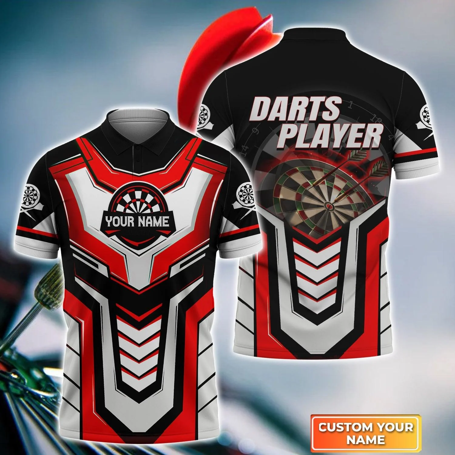 Darts Custom Name Men Polo Shirt, Throwing Bullseye Red Dartboard Personalized Men Polo Shirt Gift For Darts Lovers, Friend, Team Player