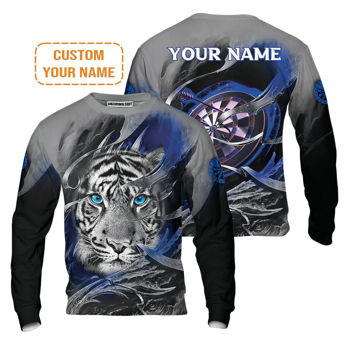 Darts Custom Name Men's Long Sleeve Polo Shirt, Blue Bullseye Dartboard Personalized Name Tiger And Darts Long Sleeve Polo Shirt - Image 6