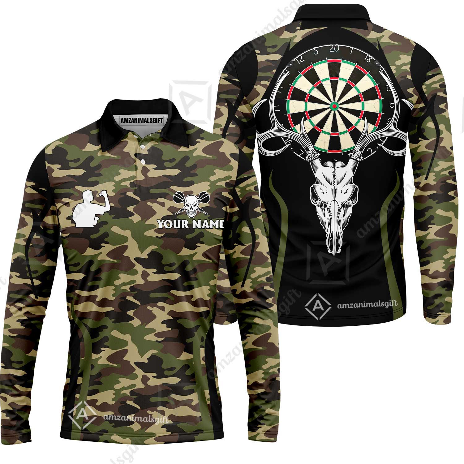 Customized Darts Long Sleeve Polo Shirt, Camo Skull Deer Dartboard Personalized Long Sleeve Polo Shirt For Darts Team League - Image 2