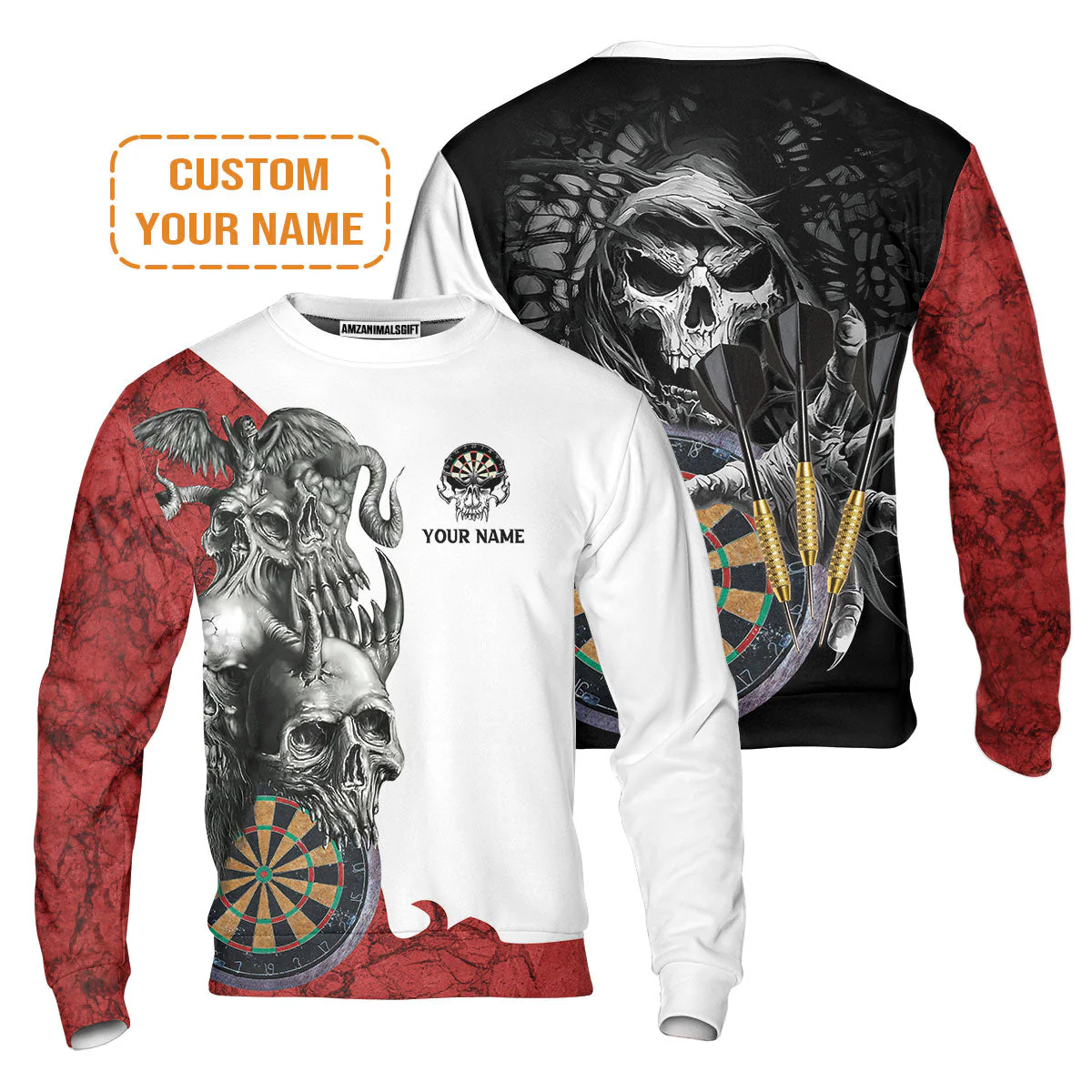 Darts Custom Name T-Shirt, Dartboard Skull Personalized T-Shirt - Image 3