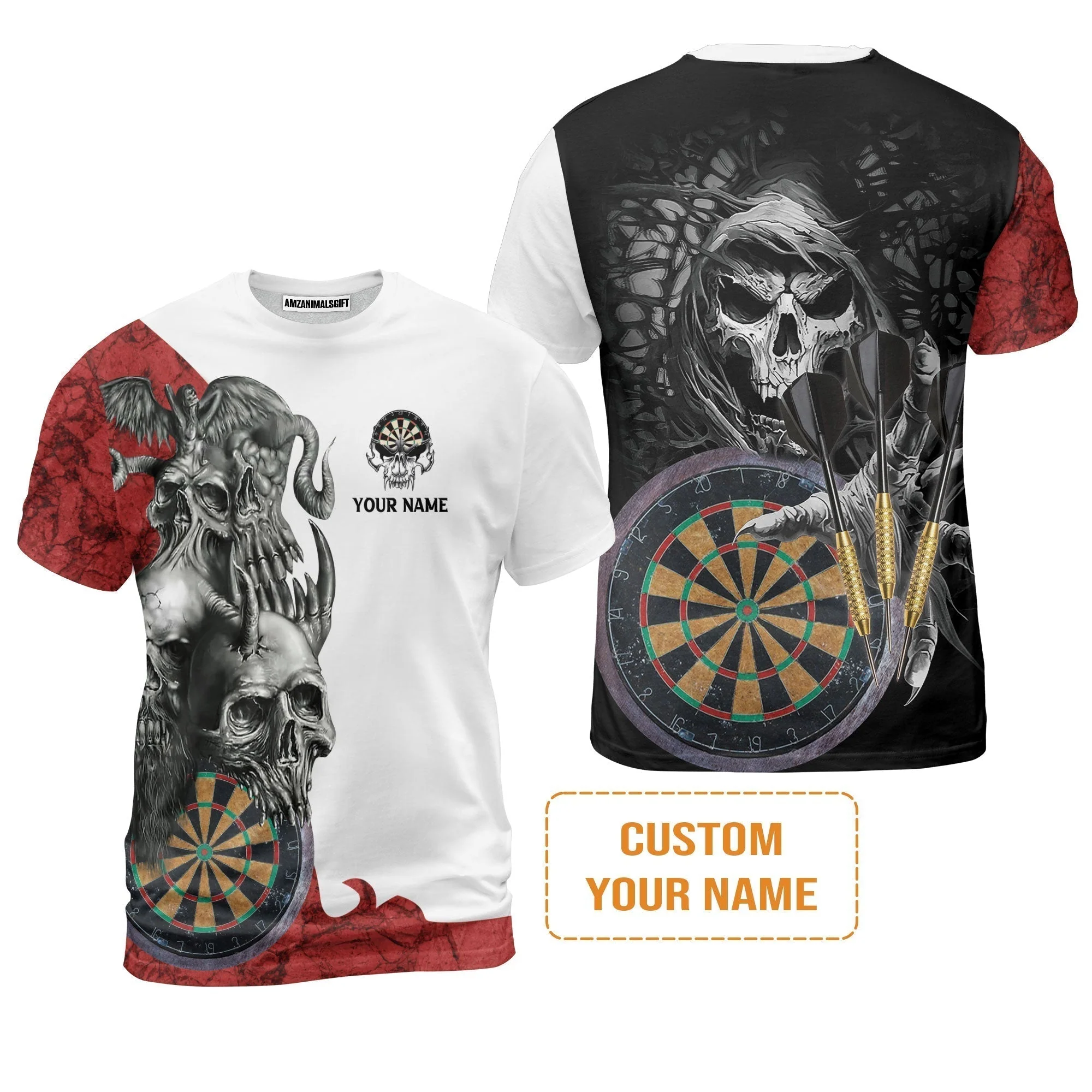 Darts Custom Name T-Shirt, Dartboard Skull Personalized T-Shirt - Image 7