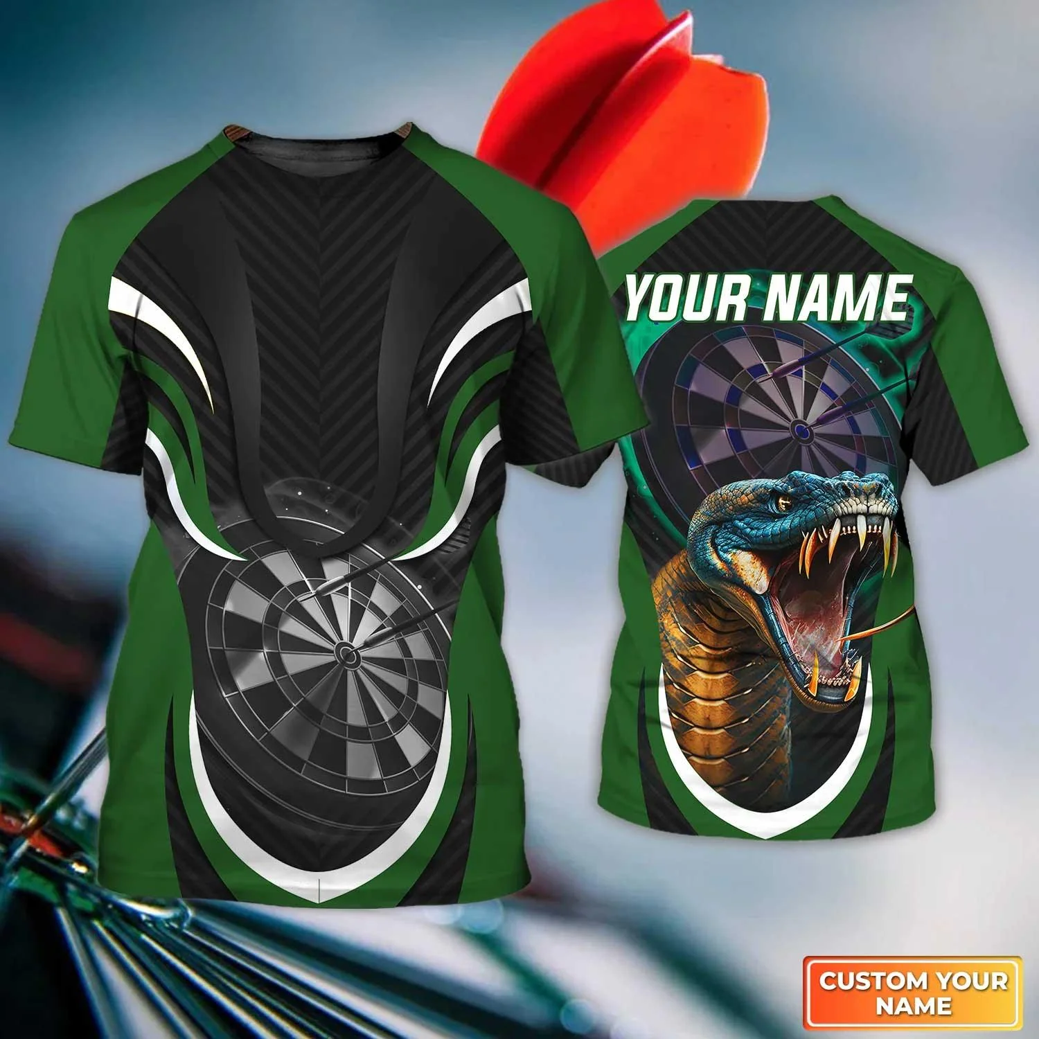 Darts Custom Name T Shirt, Green Bullseye Dartboard Personalized Name King Cobra And Darts T-Shirt For Men Women - Gift For Darts Lovers, Dart Team - Image 2