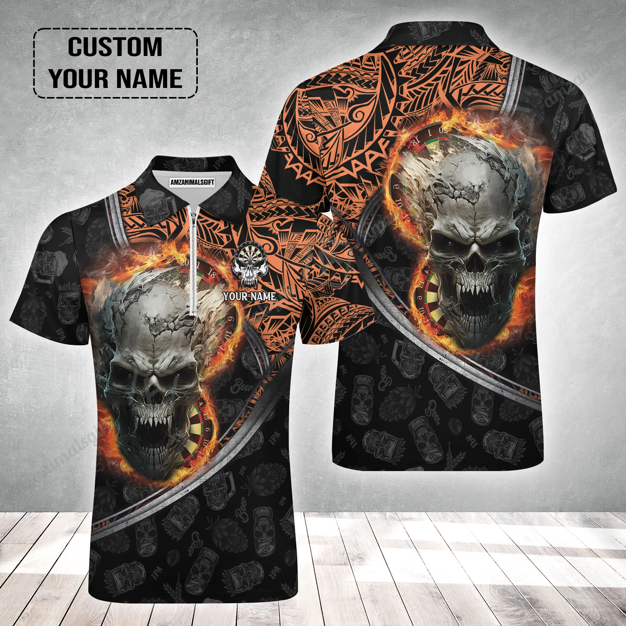 Darts Custom Name Zip Polo Shirt, Skull Maori Tattoo And Darts Custom Name Polo Shirt, Flame Bullseye Dartboard Personalized Zip Polo Shirt - Image 2