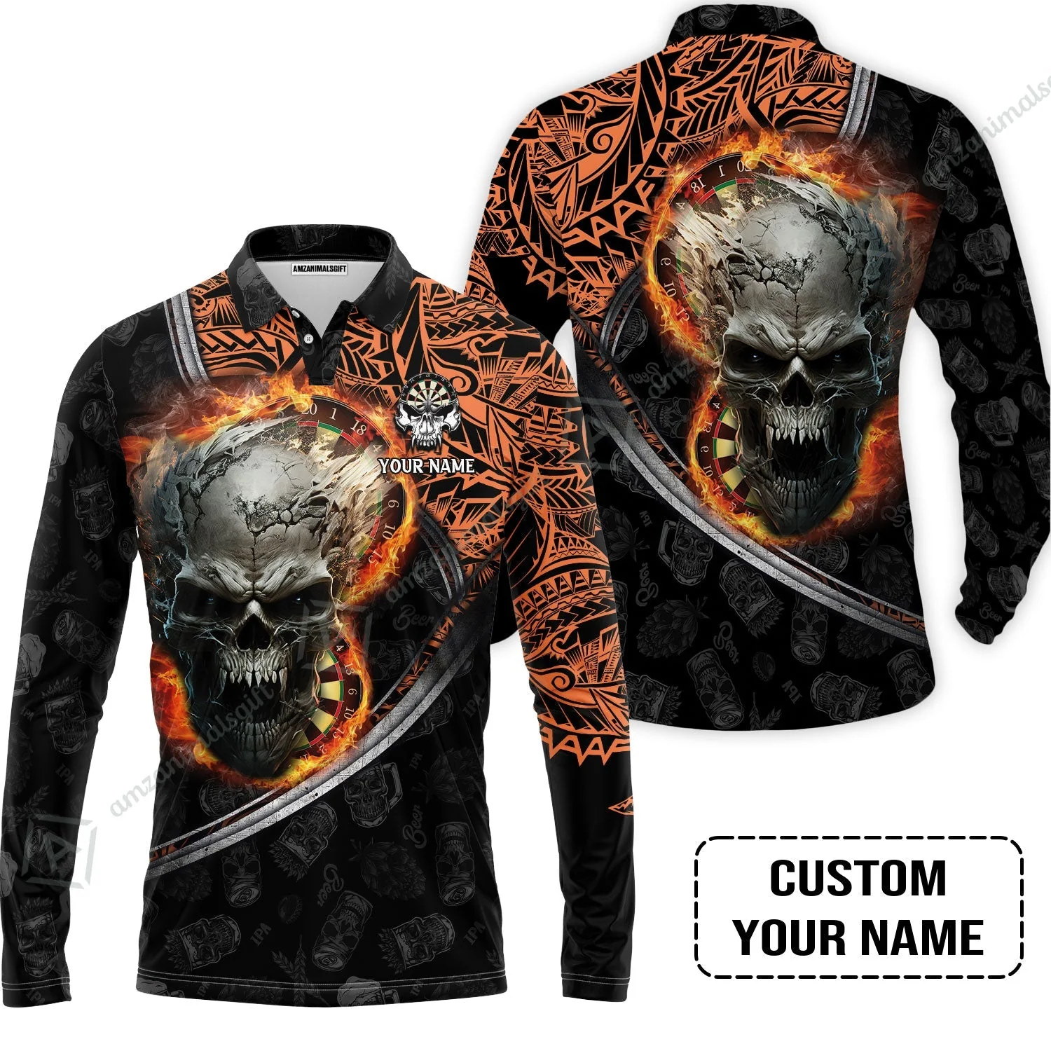 Darts Custom Name Zip Polo Shirt, Skull Maori Tattoo And Darts Custom Name Polo Shirt, Flame Bullseye Dartboard Personalized Zip Polo Shirt - Image 3
