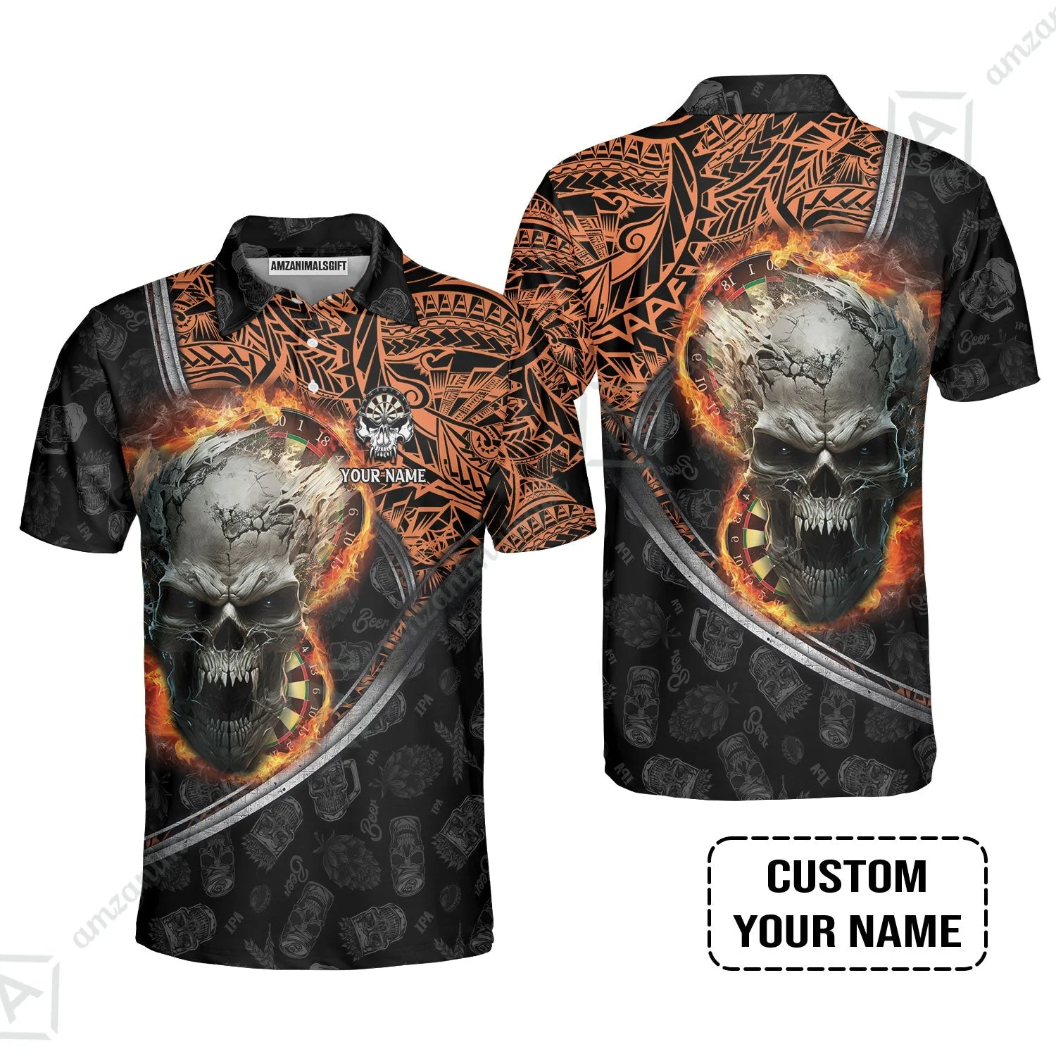 Darts Custom Name Zip Polo Shirt, Skull Maori Tattoo And Darts Custom Name Polo Shirt, Flame Bullseye Dartboard Personalized Zip Polo Shirt - Image 4