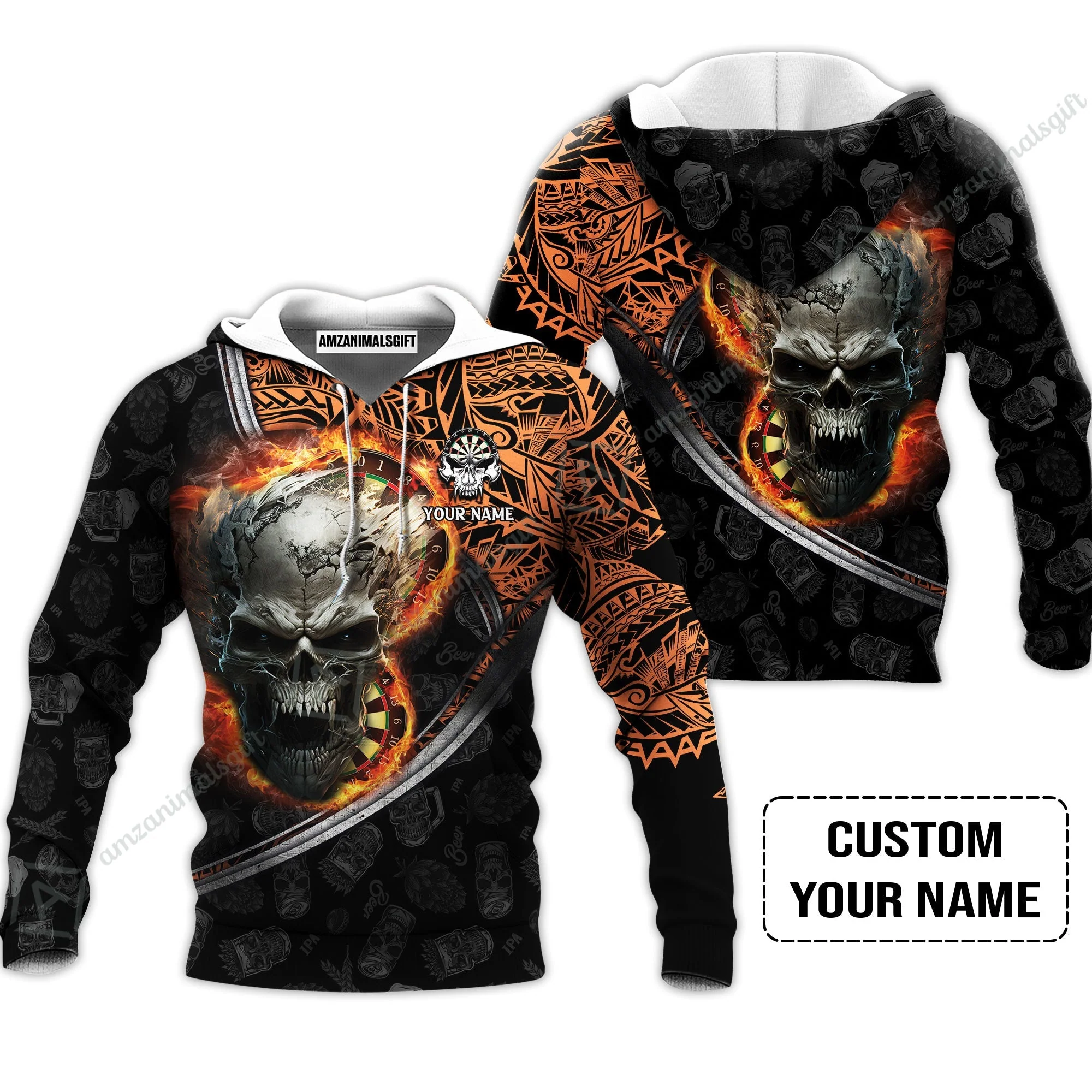 Darts Custom Name Zip Polo Shirt, Skull Maori Tattoo And Darts Custom Name Polo Shirt, Flame Bullseye Dartboard Personalized Zip Polo Shirt - Image 5