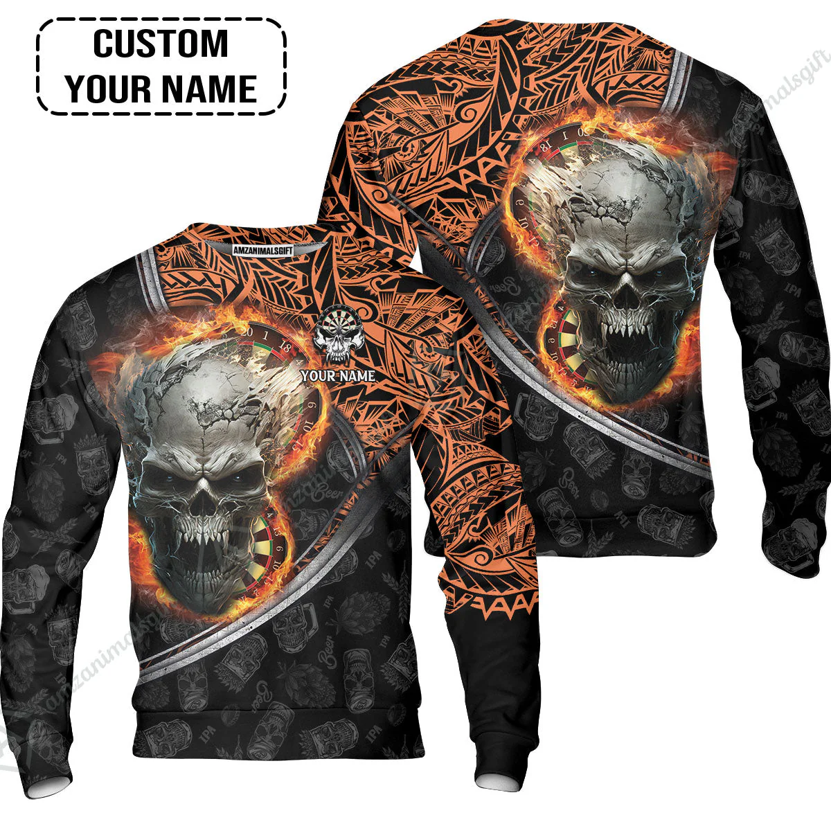 Darts Custom Name Zip Polo Shirt, Skull Maori Tattoo And Darts Custom Name Polo Shirt, Flame Bullseye Dartboard Personalized Zip Polo Shirt - Image 6