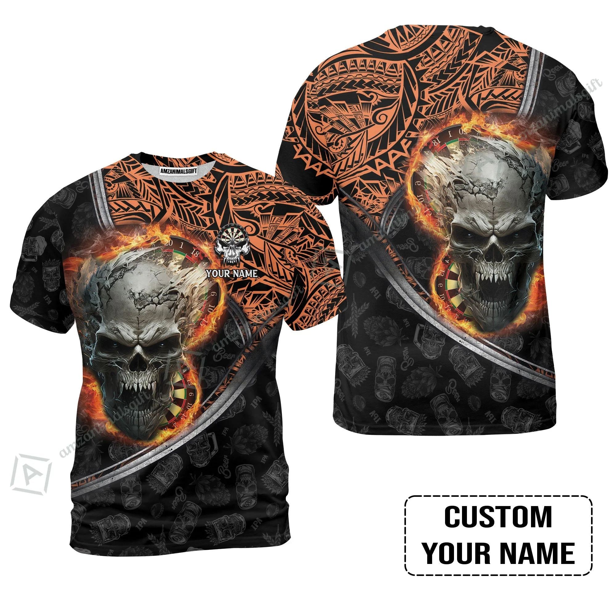 Darts Custom Name Zip Polo Shirt, Skull Maori Tattoo And Darts Custom Name Polo Shirt, Flame Bullseye Dartboard Personalized Zip Polo Shirt - Image 9