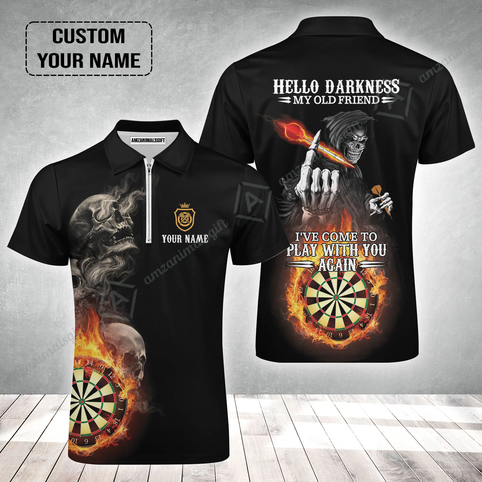Darts Custom Name Zip Polo Shirt, Skull Personalized Zip Polo Shirt, Hello Darkness My Old Friend I've Come To Play With You Again - Image 2