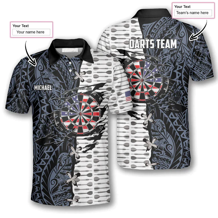 Darts Custom Team Name Men Polo Shirt, Personalized Dart Arrow Tribal Tattoo American Flag Polo Shirts For Men, Fourth of July Apparel For Darts Lover