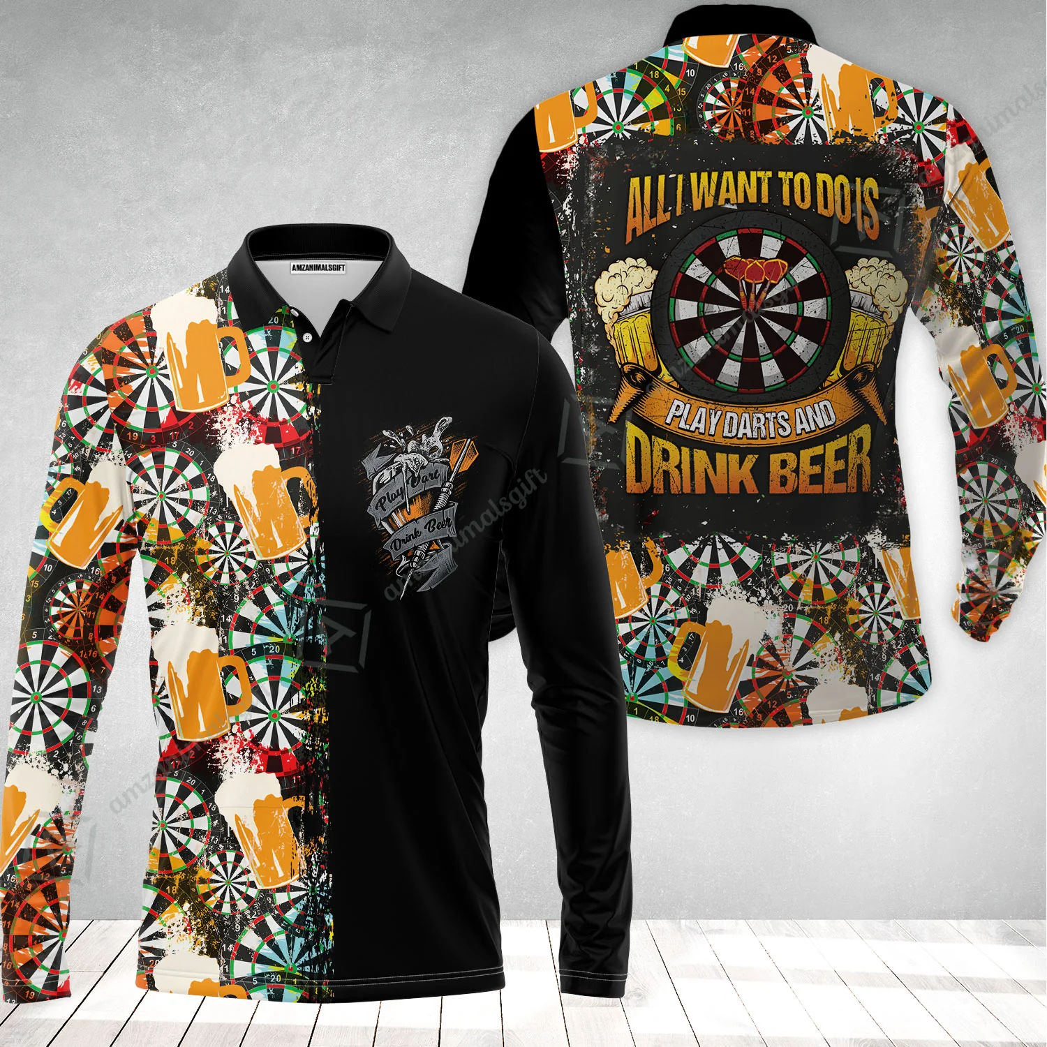 Darts Long Polo Shirt, Play Darts And Drink Beer, Colorful Summer Long Polo Shirt - Image 2