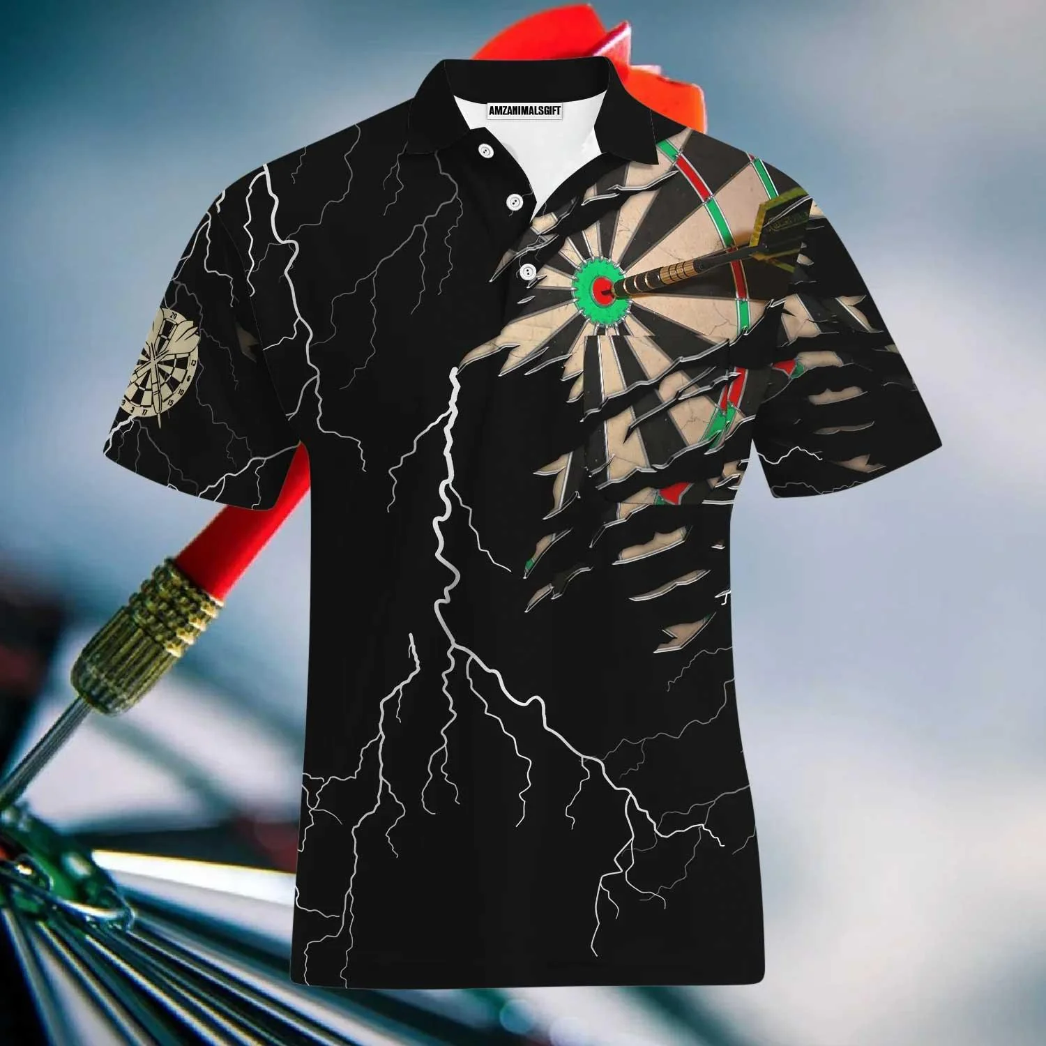 Darts Custom Name Men Polo Shirt, Bullseye Dartboard Thunder Light Personalized Polo Shirts For Men, Apparel Gift For Darts Lover, Darts Team Player - Image 3
