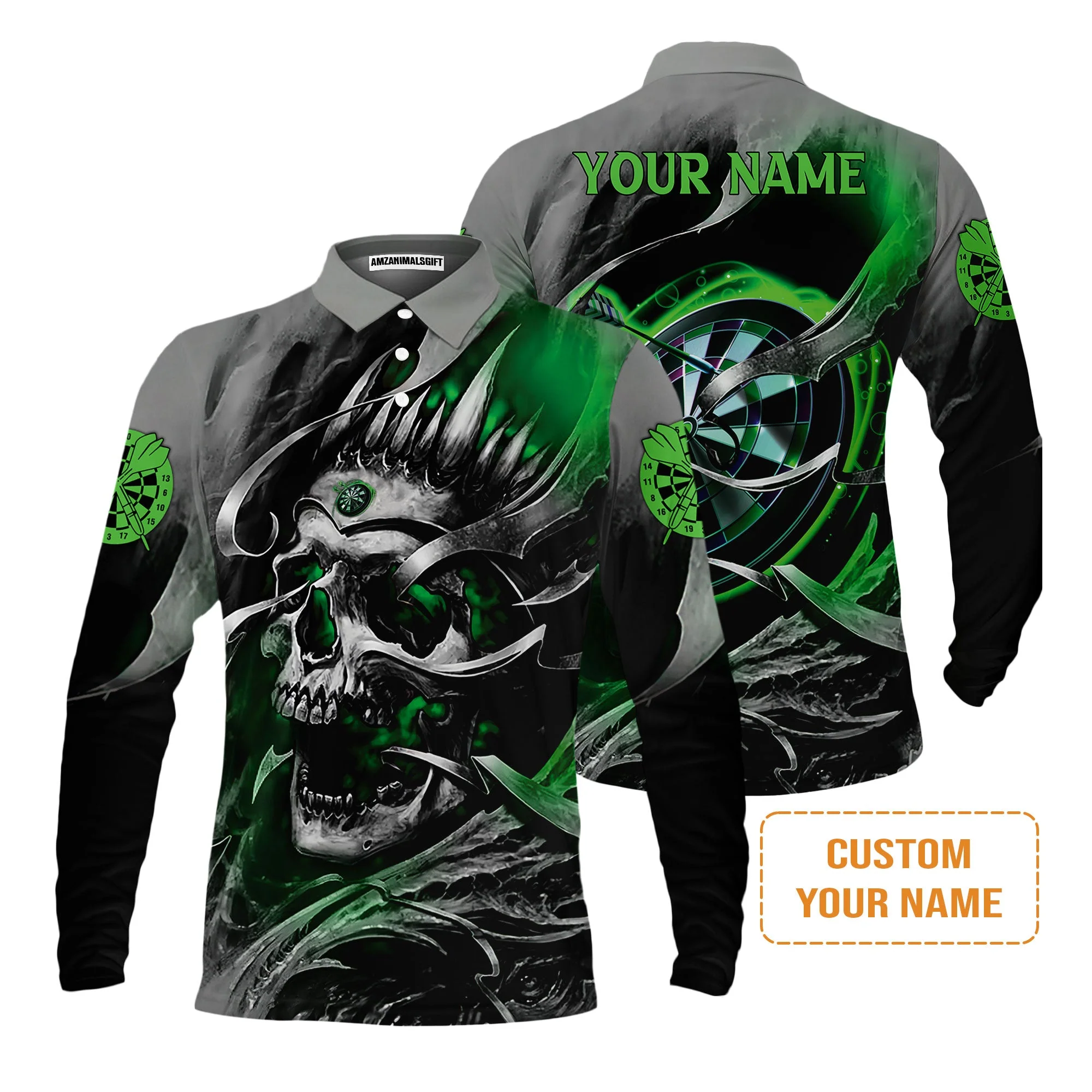 Darts Men's Long Sleeve Polo Shirt Custom Name - Green Skull Dartboard Personalized Long Sleeve Polo Shirt For Men - Image 2