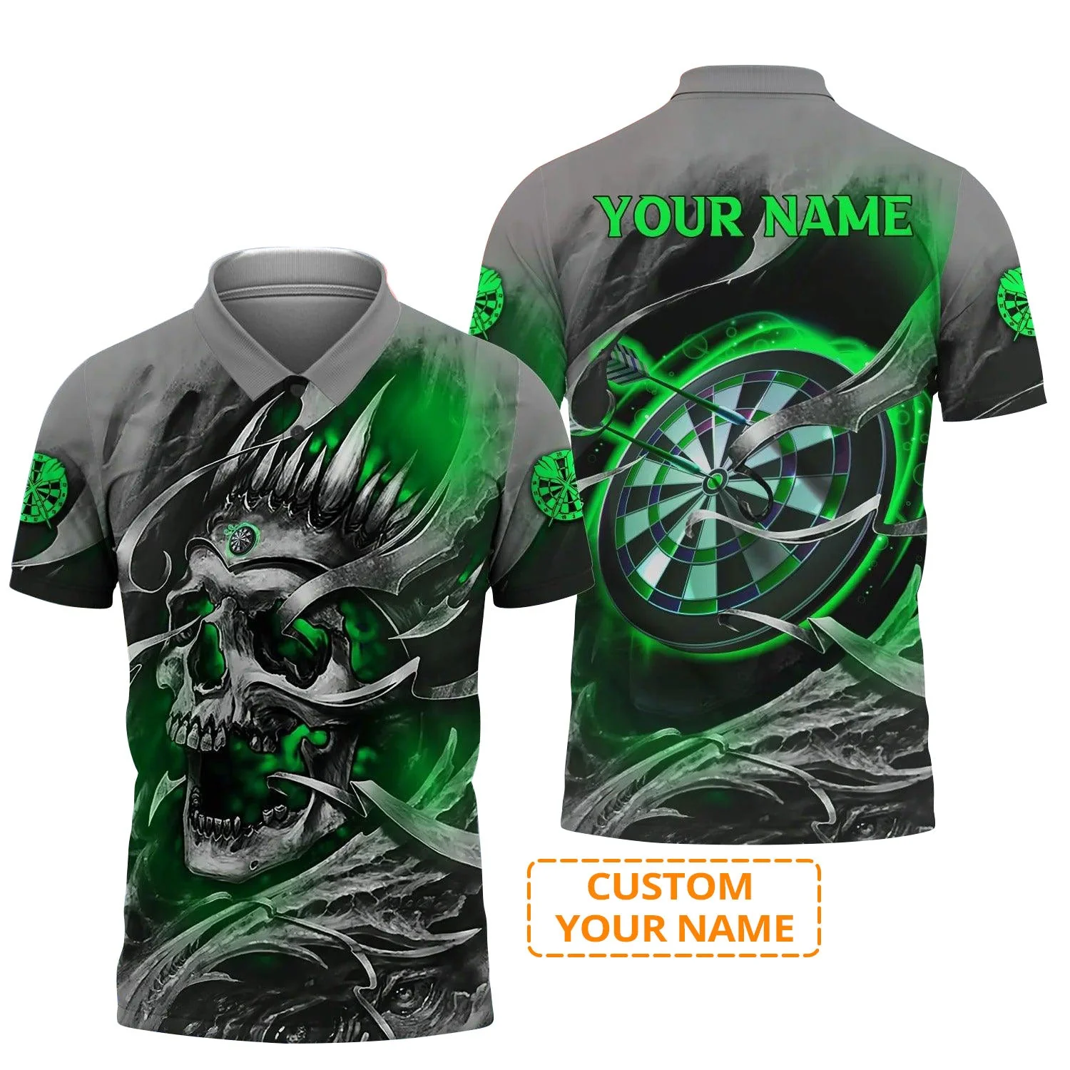 Darts Men's Long Sleeve Polo Shirt Custom Name - Green Skull Dartboard Personalized Long Sleeve Polo Shirt For Men - Image 3