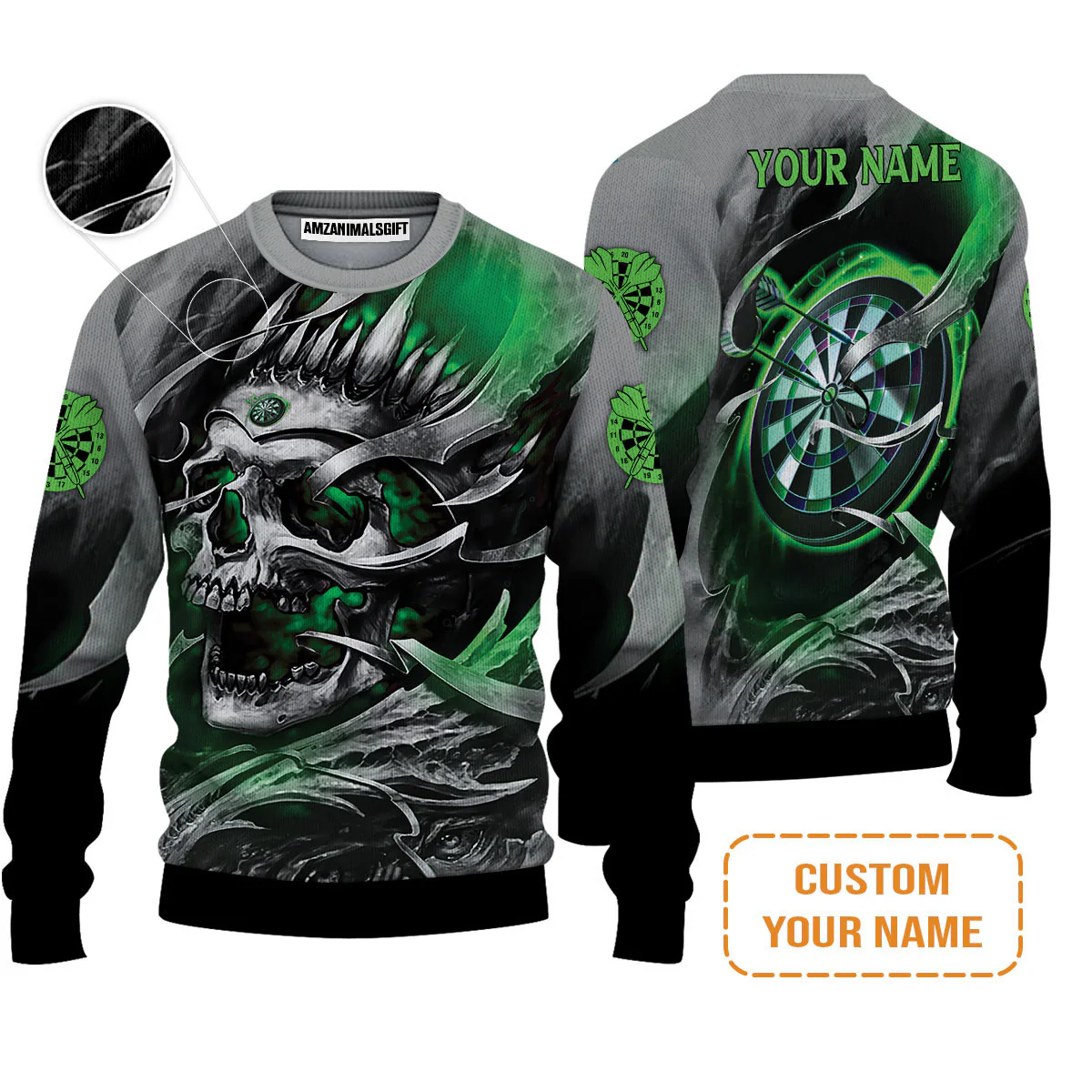 Darts Men's Long Sleeve Polo Shirt Custom Name - Green Skull Dartboard Personalized Long Sleeve Polo Shirt For Men - Image 4
