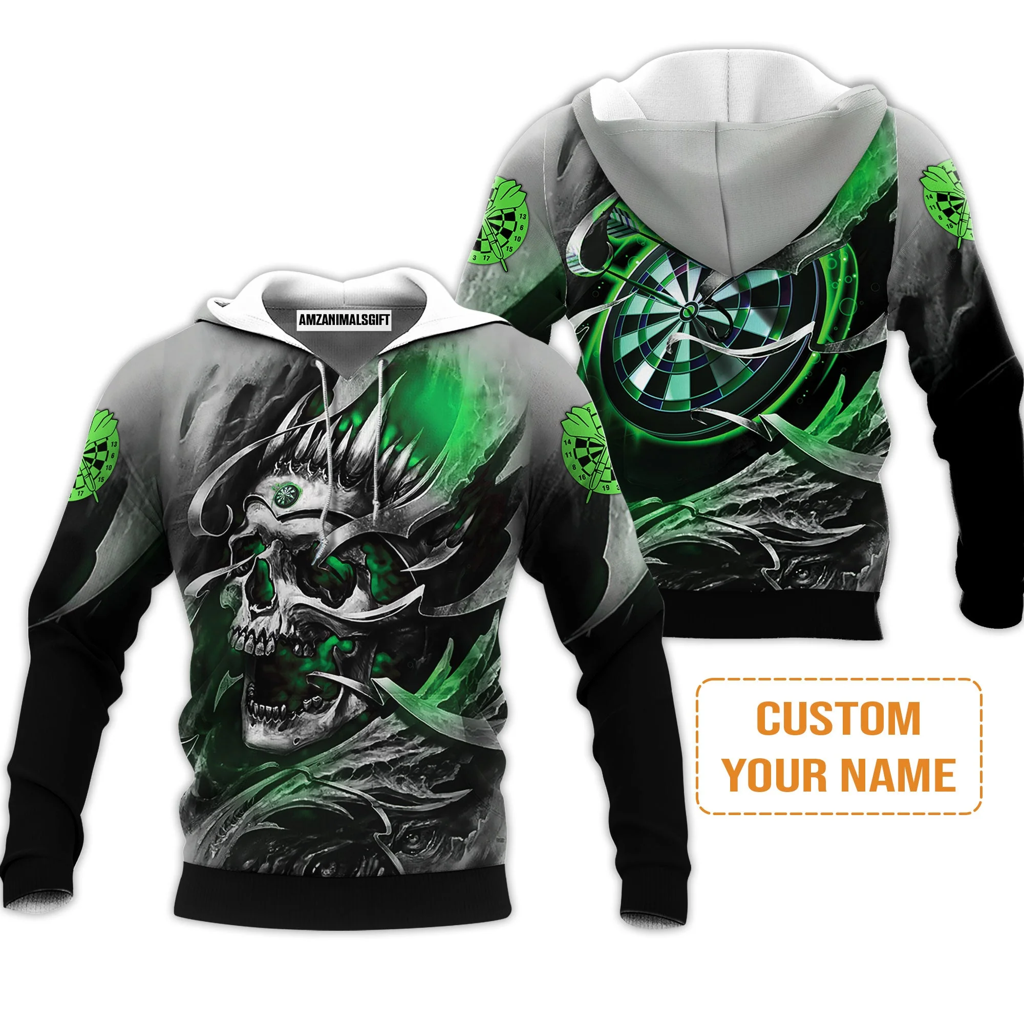 Darts Men's Long Sleeve Polo Shirt Custom Name - Green Skull Dartboard Personalized Long Sleeve Polo Shirt For Men - Image 5