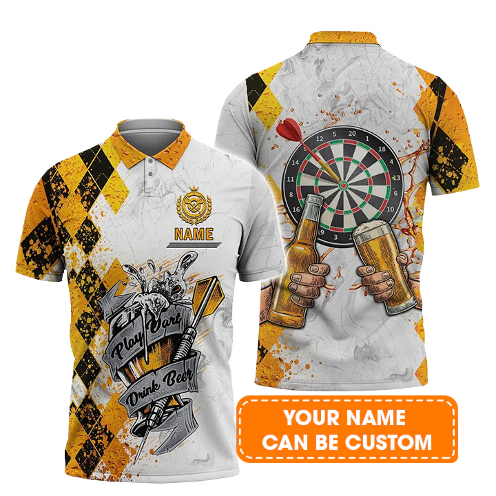 Darts Polo Shirts Personalised, Play Dart Drink Beer Argyle Pattern Custom Name Men Polo Shirt - Perfect Gift For Men, Darts Player, Darts Lover - Image 2