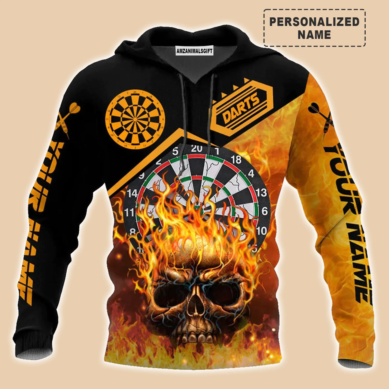 Darts Skull And Fire Premium Hoodie Customized Name Dartboard Fire Pattern, Perfect Outfit For Darts Players Uniforms, Darts Lovers, Team - Image 2