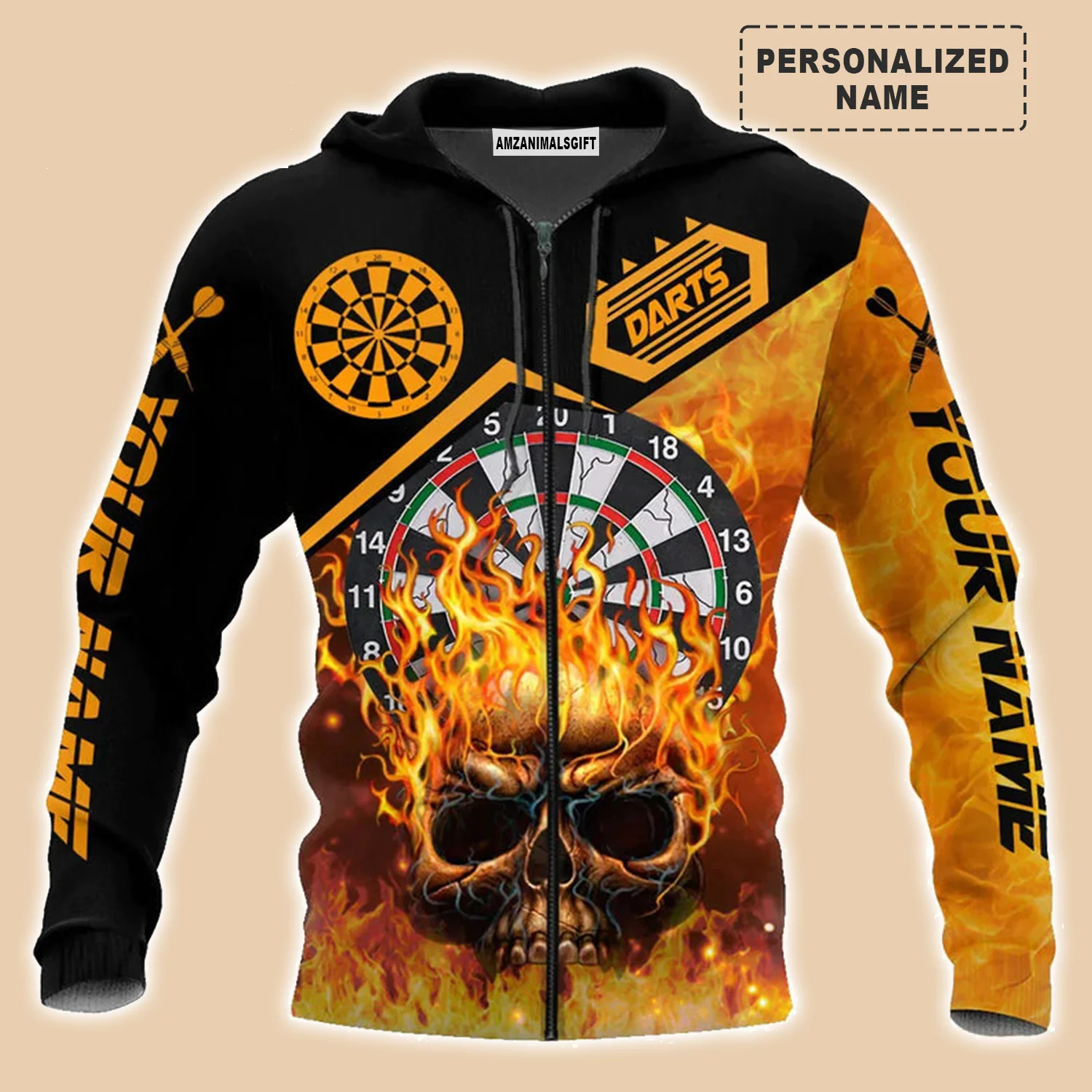 Darts Skull And Fire Sweatshirt Customized Name Dartboard Fire Pattern, Perfect Outfit For Darts Players Uniforms, Darts Lovers, Team - Image 3