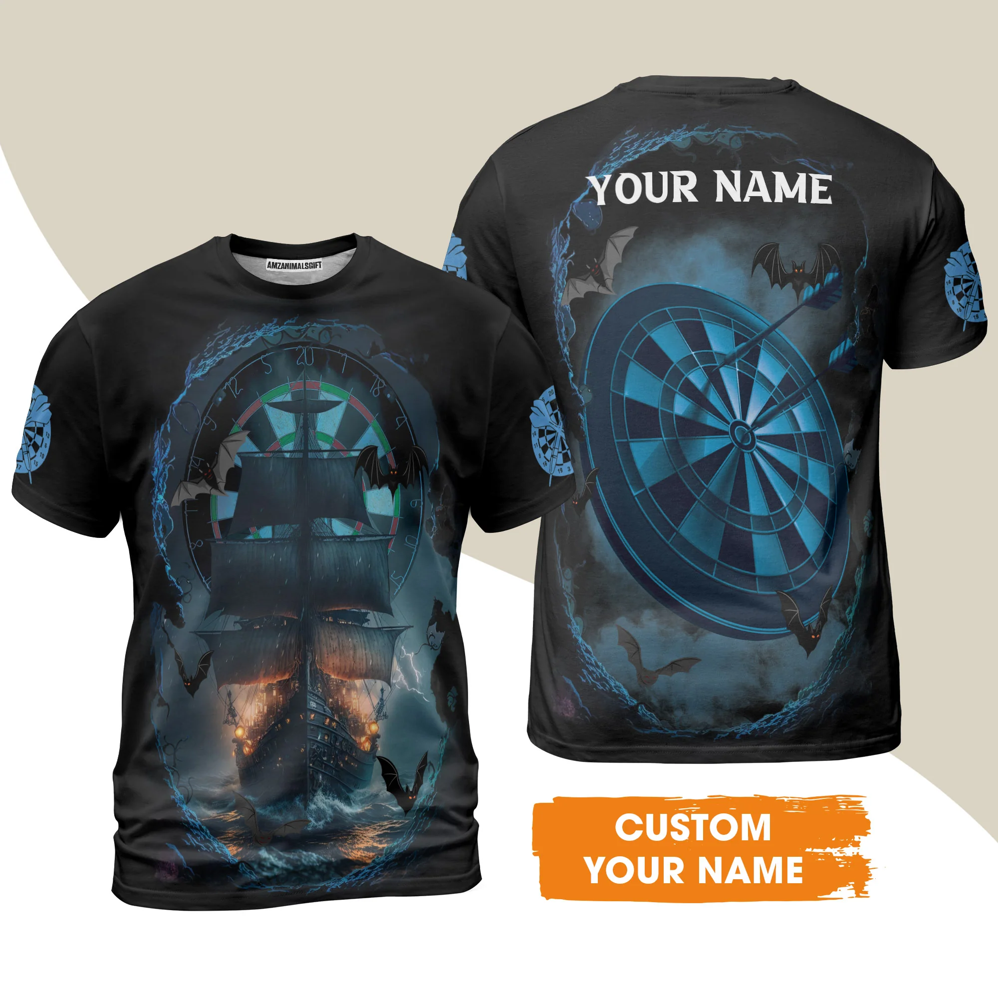 Darts T-Shirt Customized Name, Sailboat & Bats Cave With Dartboard T-Shirt - Gift For Darts Players, Darts Lovers - Image 2
