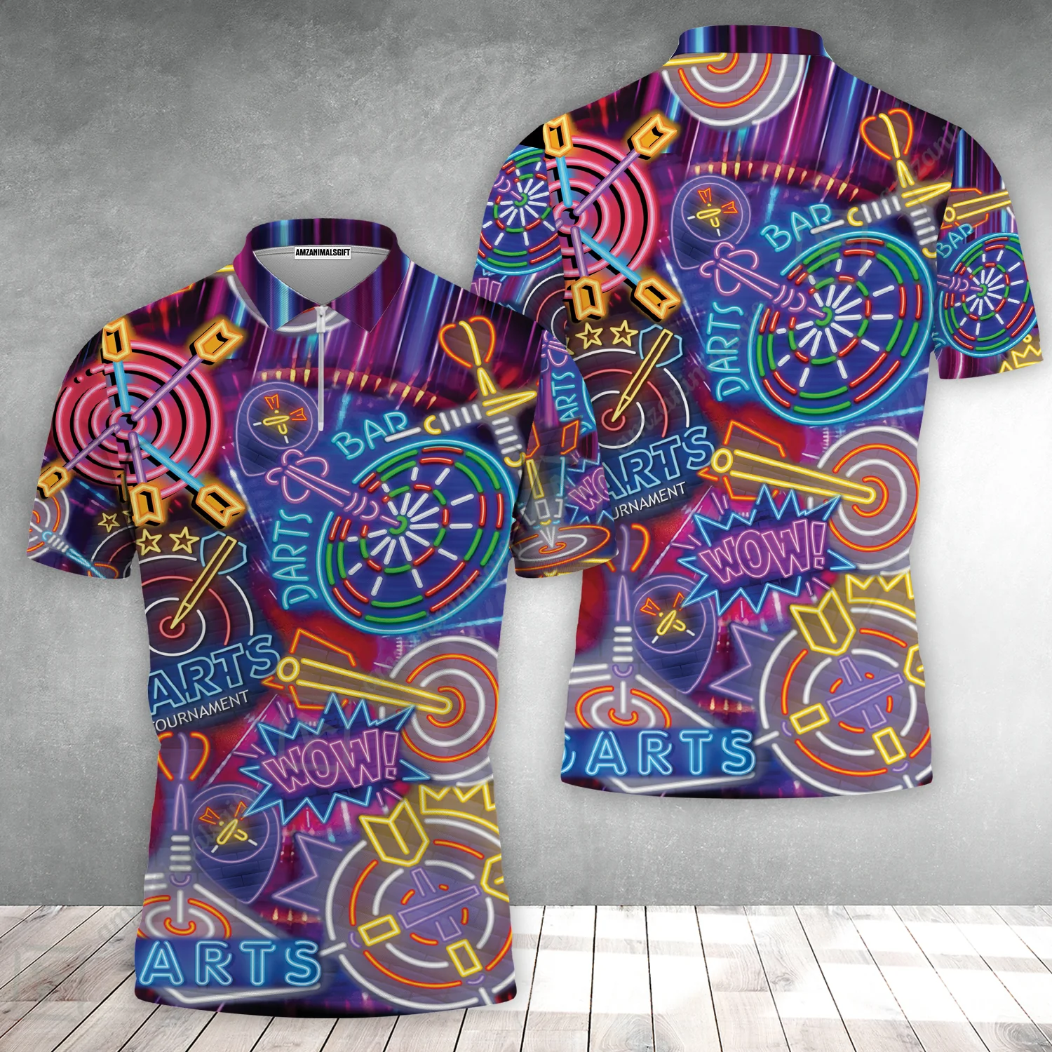 Darts Zip Polo Shirt, Neon Dartboard Zip Polo Shirt For Men Women, Gift For Friend, Darts Lovers, Team, Darts Players - Image 2