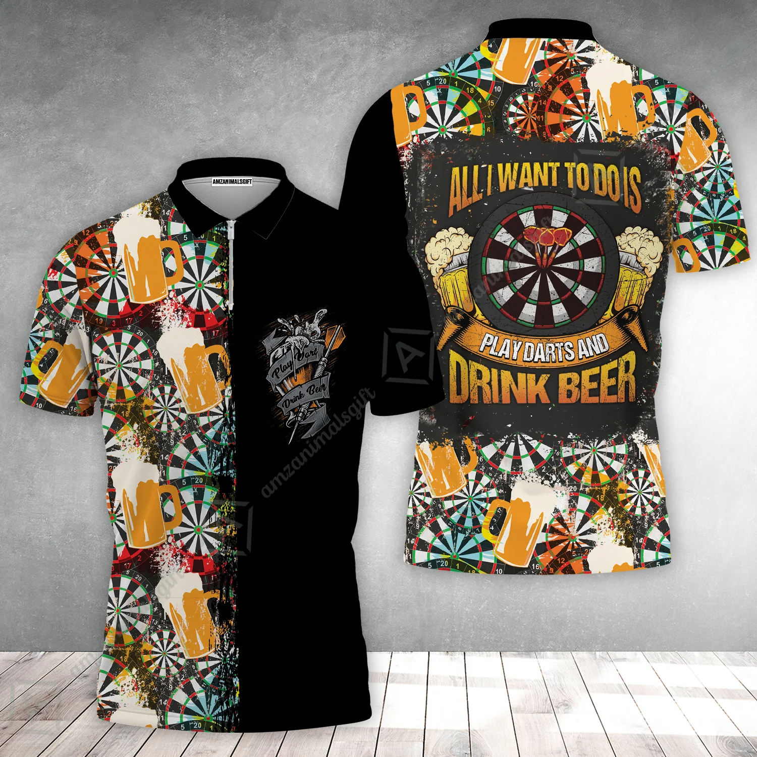 Darts Zip Polo Shirt, Play Darts And Drink Beer, Colorful Summer Zip Polo Shirt - Image 2