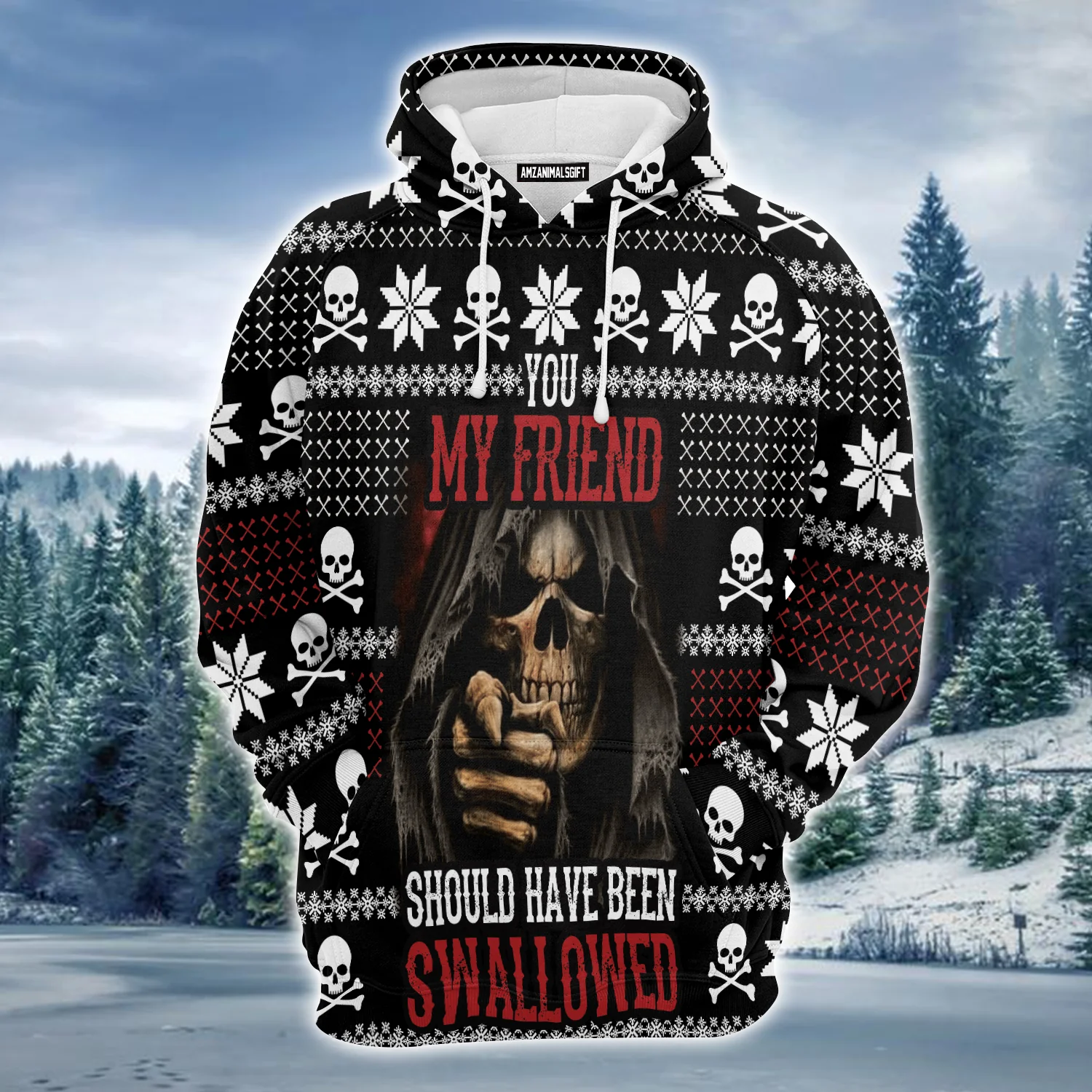 Death Premium Christmas Hoodie, Skull You My Friend Should Have Been Swallowed Unisex Hoodie For Men & Women - Perfect Gift For Christmas, Friends - Image 2