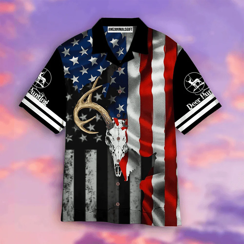 Deer Skull American Flag Black Blue And Red Aloha Hawaiian Shirts For Men Women, 4th July Gift For Summer, Friend, Family, Independence Day - Image 2