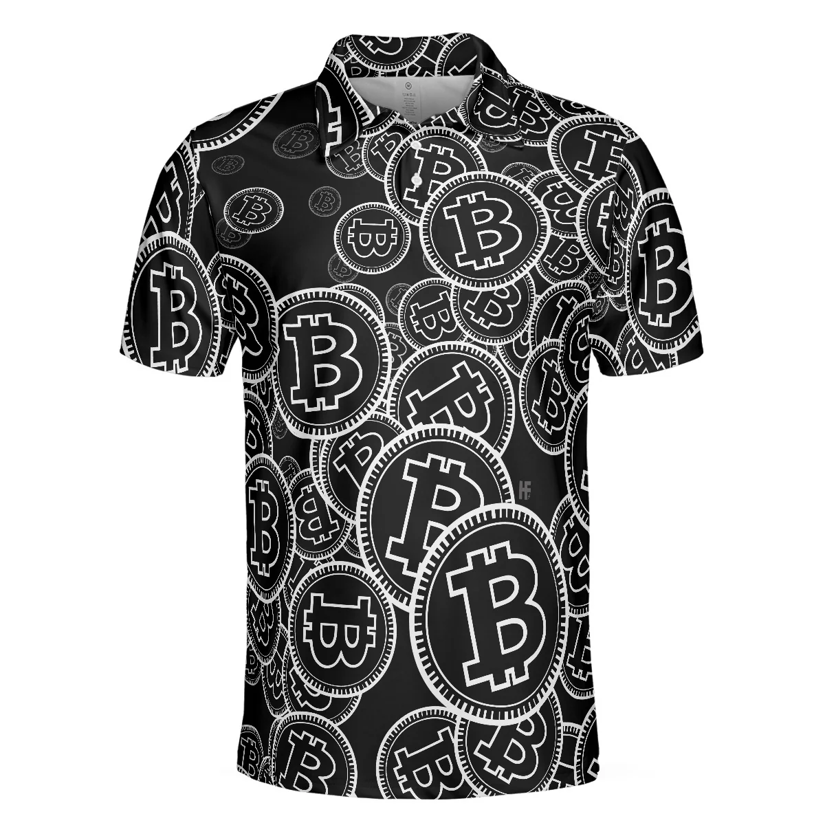 Digital Bitcoin Crypto Polo Shirt, Cool Cryptocurrency Short Sleeve Shirt, Black And White Bitcoin Polo - Gift For Men - Image 3